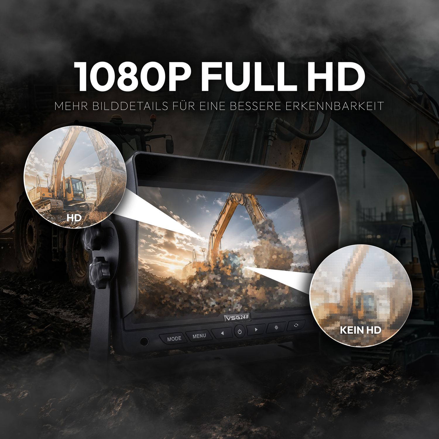 Monitor zeigt Bagger in voller HD-Auflösung und im Vergleich zu keiner HD-Auflösung.