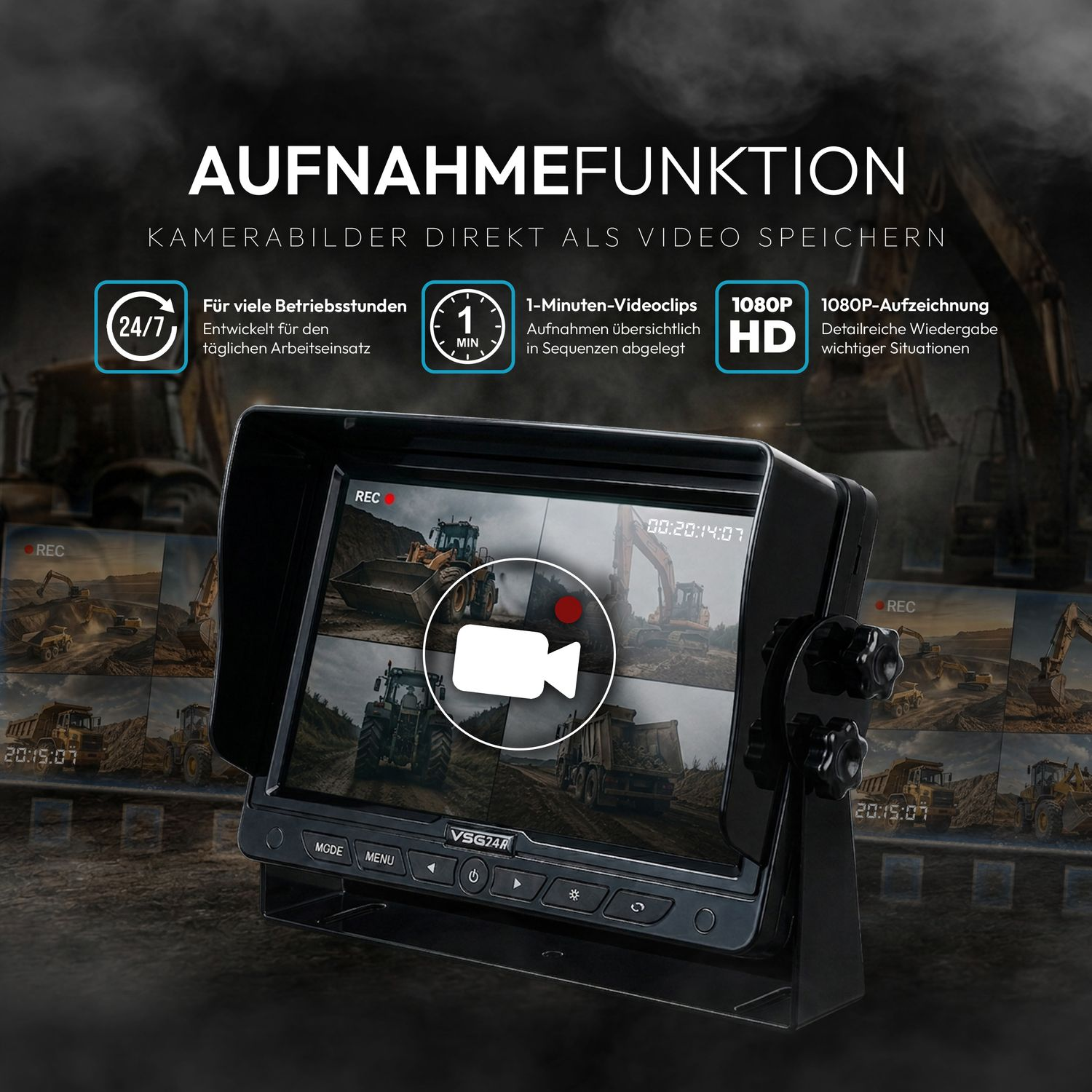 Bildschirm zeigt vier Kameras mit Baumaschinen. Text: Aufnahme, 1080P HD.