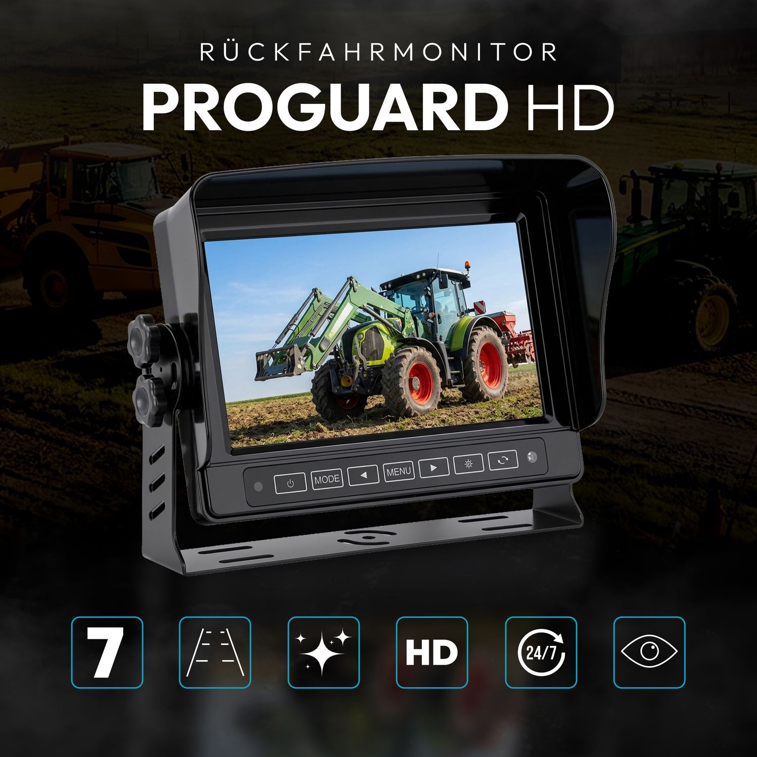 Monitor zeigt Traktor auf Feld, mit Symbolen für 7", HD, 24/7.