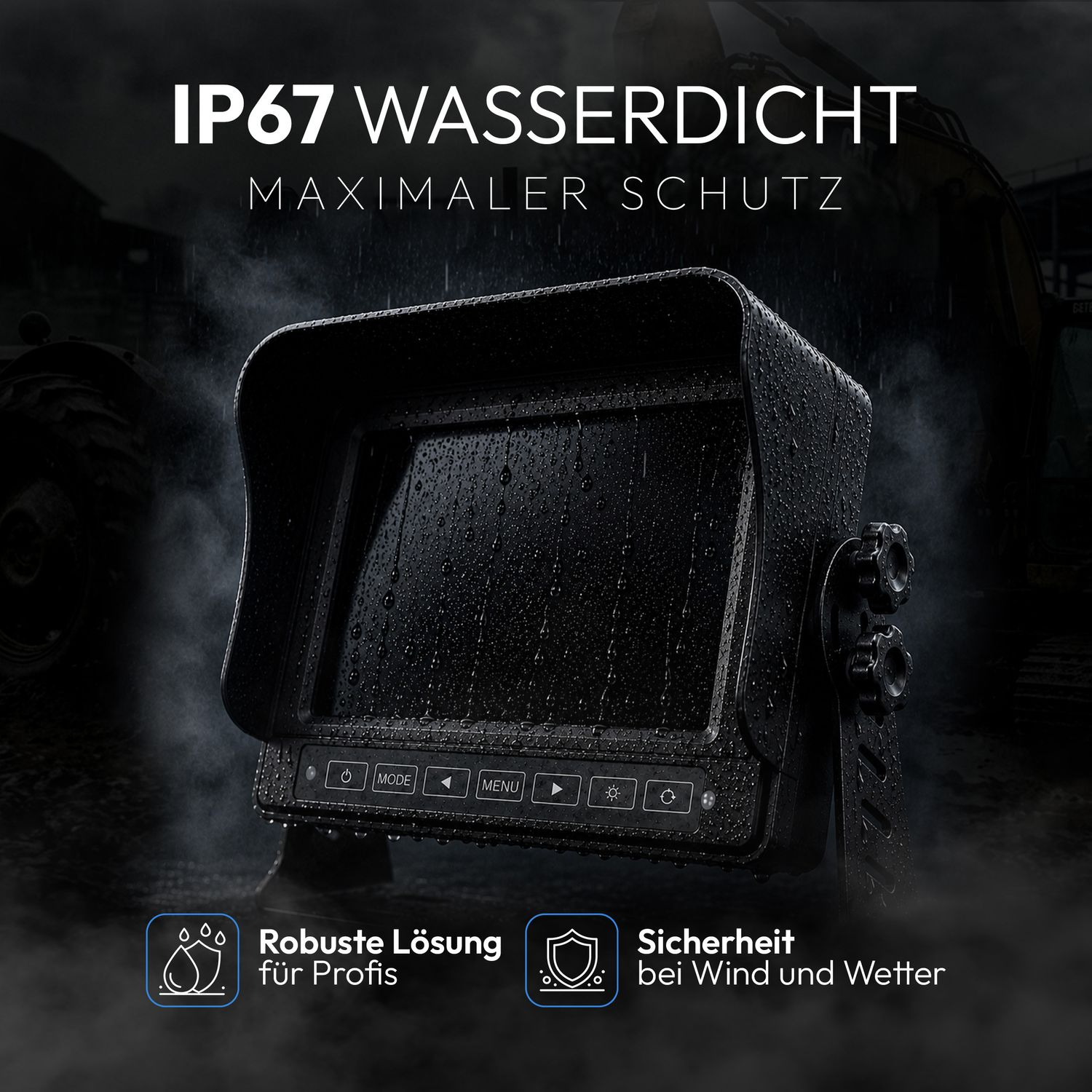 IP67 wasserdichter Monitor mit Knöpfen, im Regen.