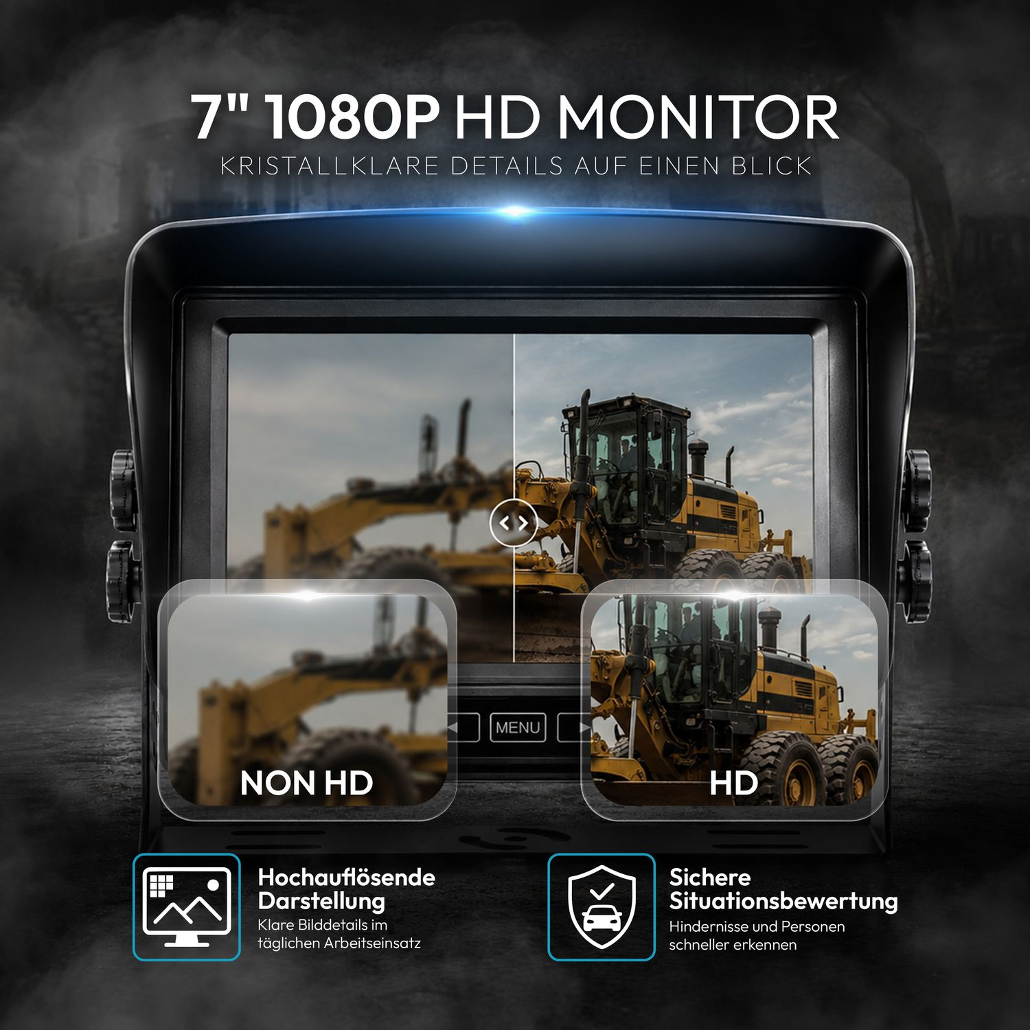7" 1080p HD Monitor zeigt zwei Ansichten eines Baggers, HD vs. Non-HD.