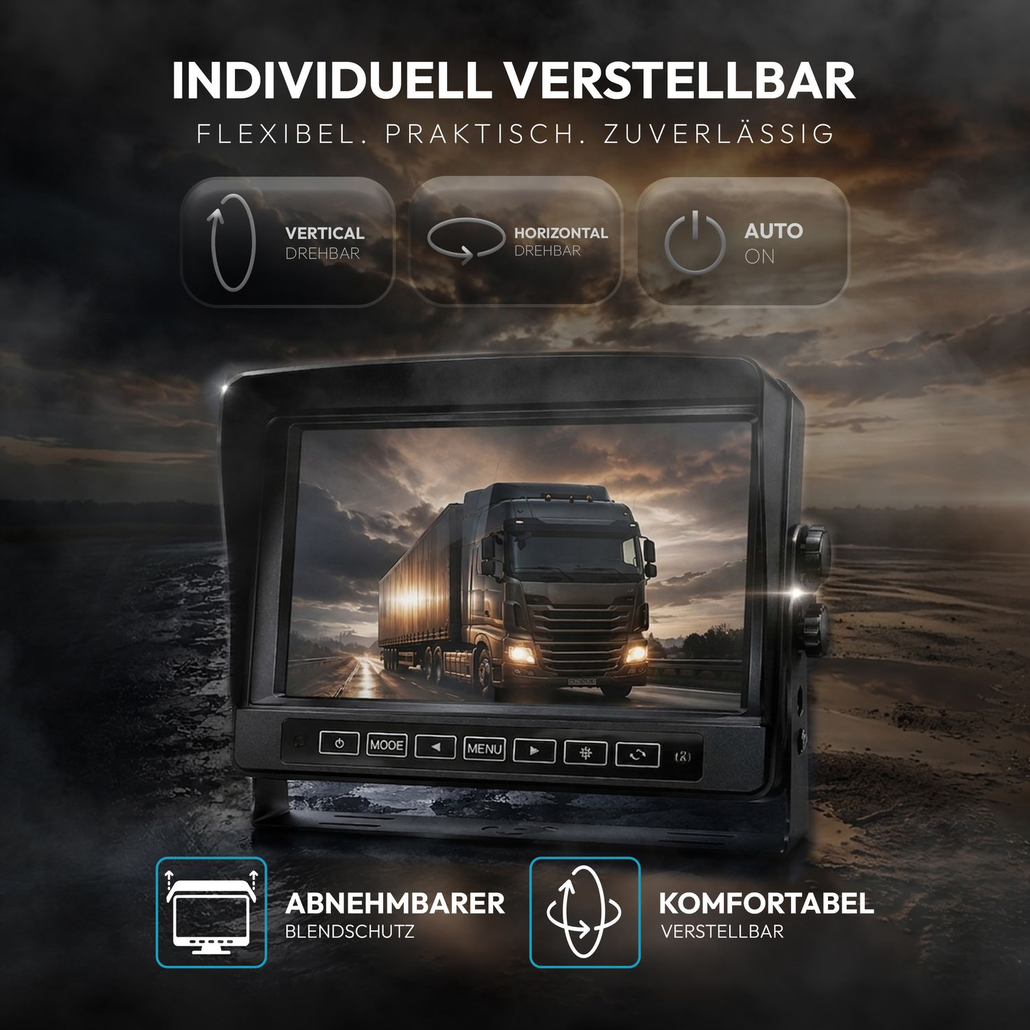 Ein Monitor zeigt einen LKW auf nasser Straße. Merkmale: verstellbar, abnehmbarer Sonnenschutz.