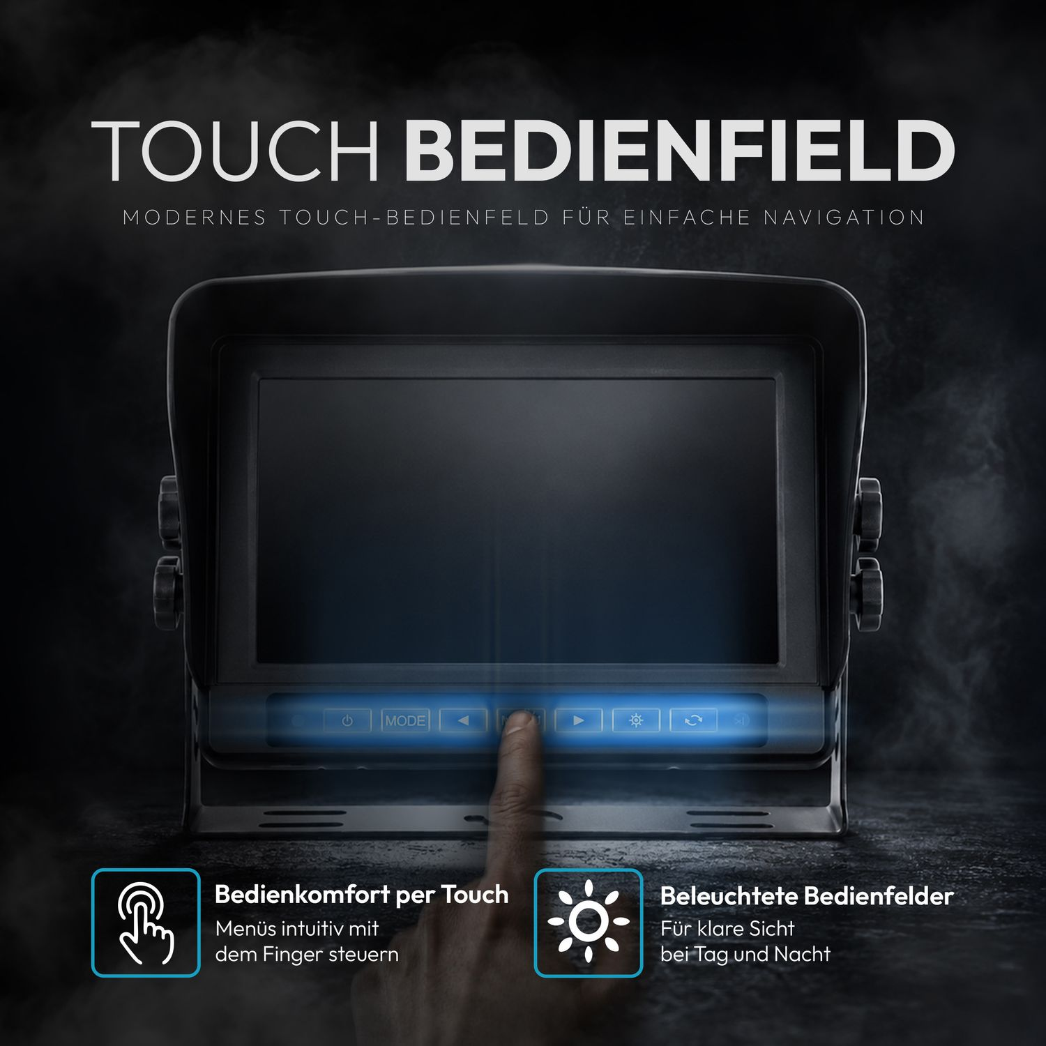 Ein Touch-Bedienfeld mit beleuchteten Tasten und Fingerspitzensteuerung.