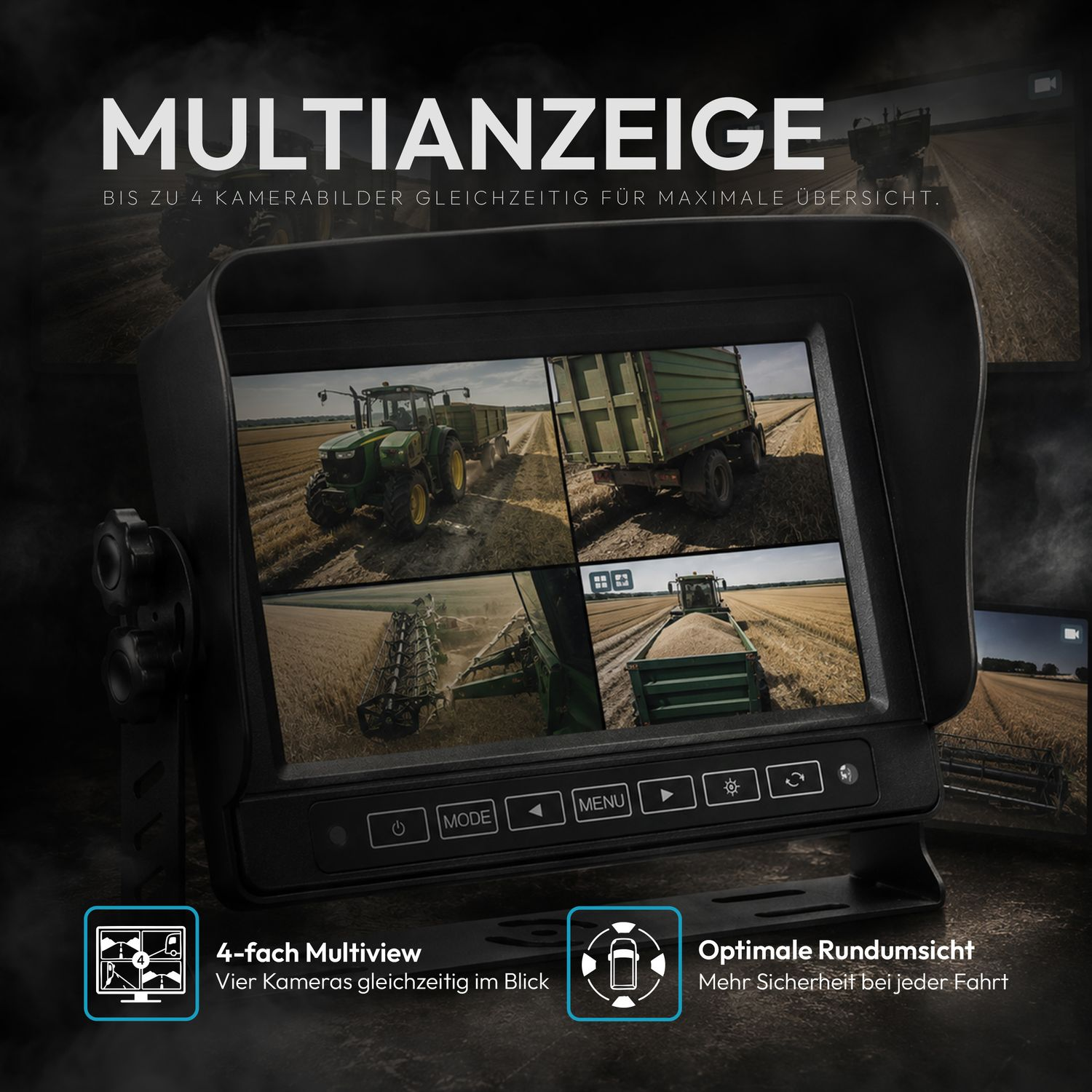 Ein Monitor zeigt vier Ansichten von Traktoren und Anhängern auf einem Feld.