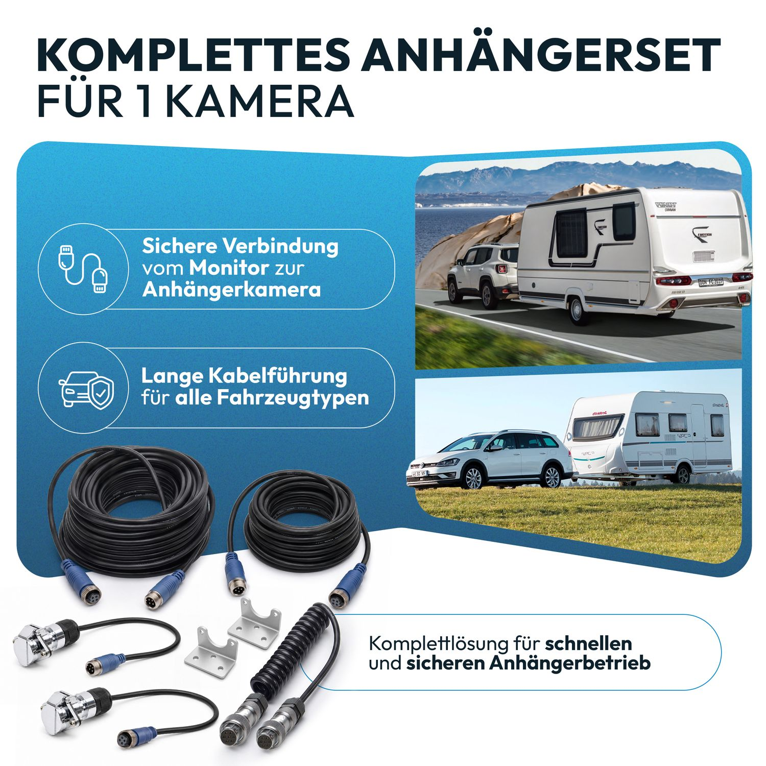 Anhängerset für eine Kamera mit Kabeln, Steckern und Halterungen.