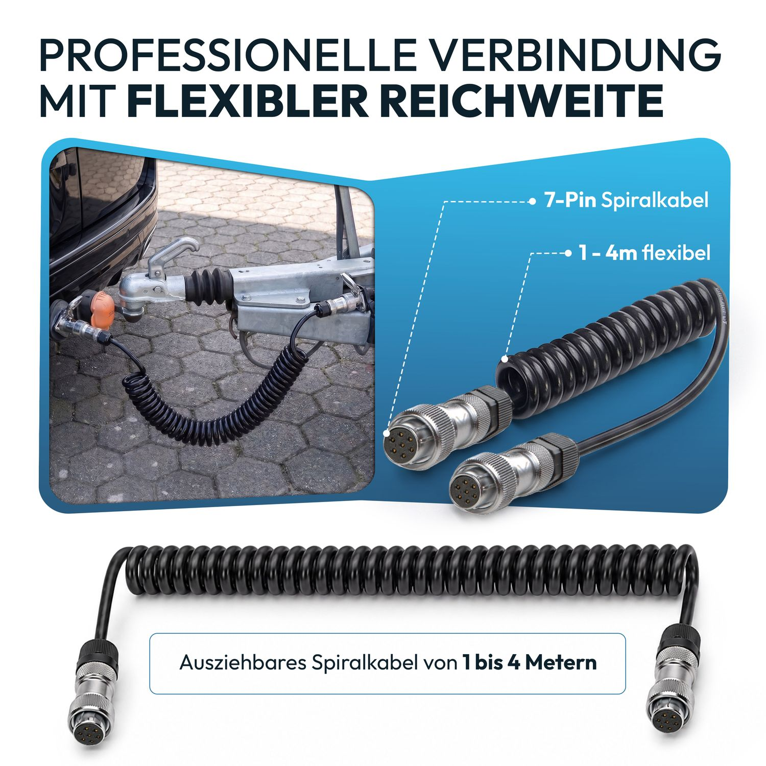 Ein 7-Pin Spiralkabel für Anhängerkupplungen, 1-4m flexibel.