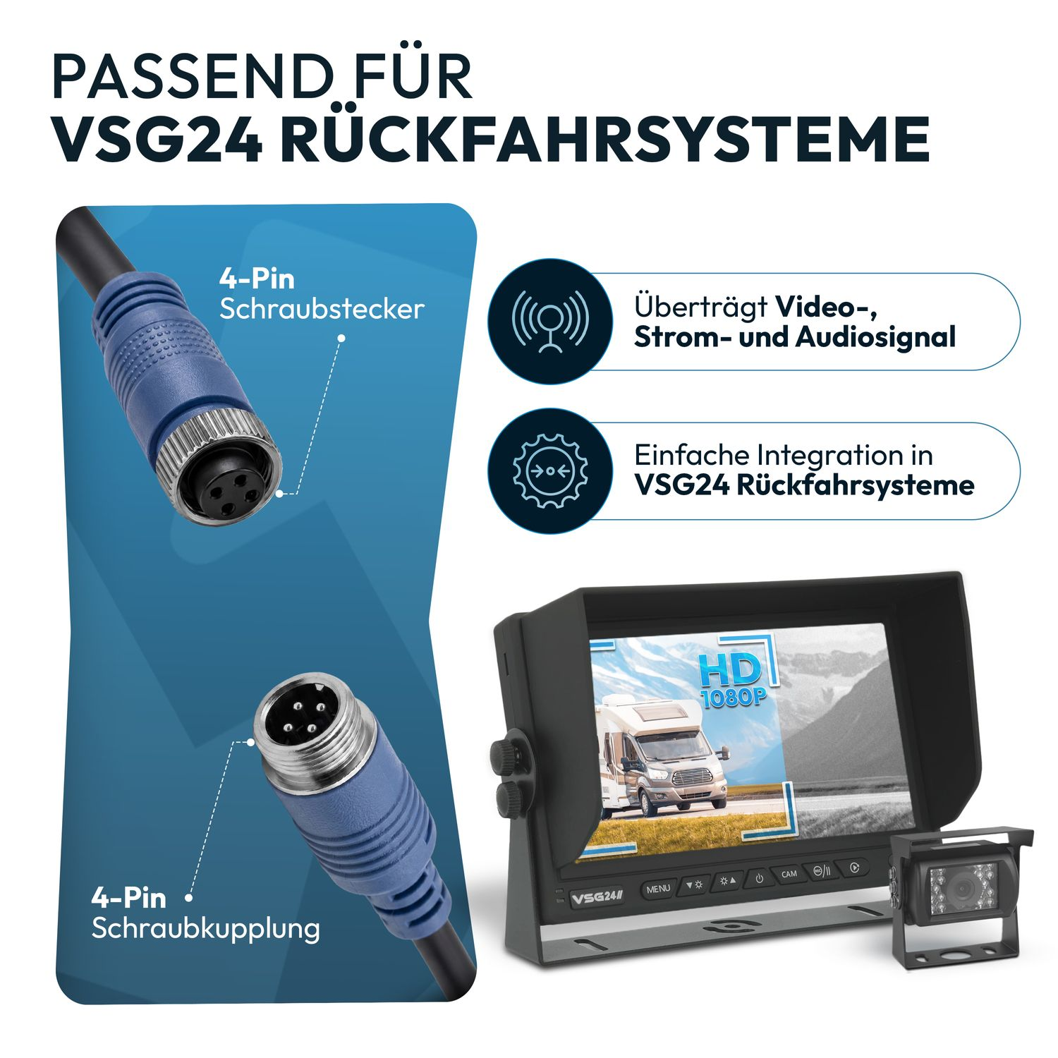 4-Pin Stecker und Kupplung für VSG24 Rückfahrsysteme, mit Monitor und Kamera.