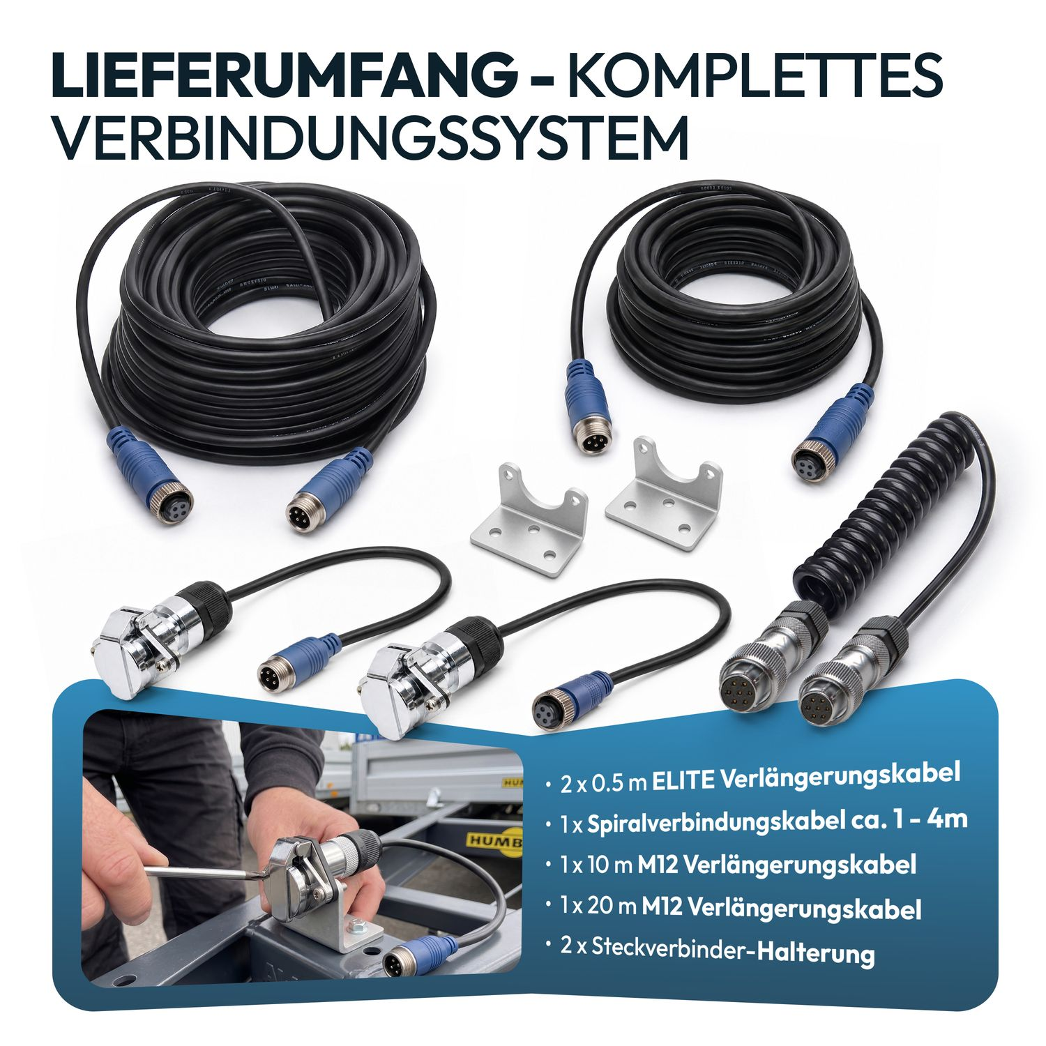 Komplettes Verkabelungssystem mit verschiedenen Kabeln, Steckern und Halterungen.