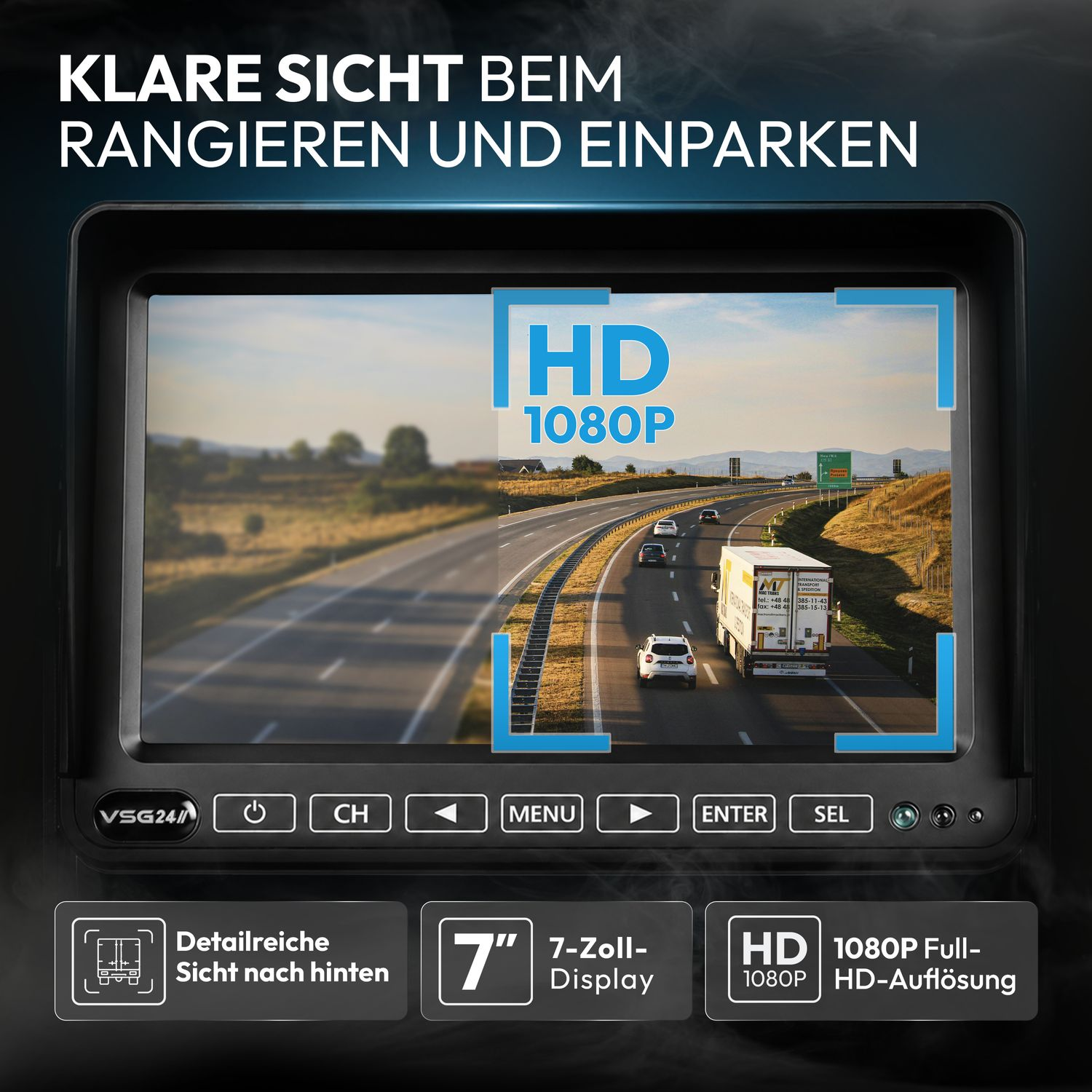 HD 1080P Rückfahrkamera-Display zeigt Autobahn mit Autos und LKW.