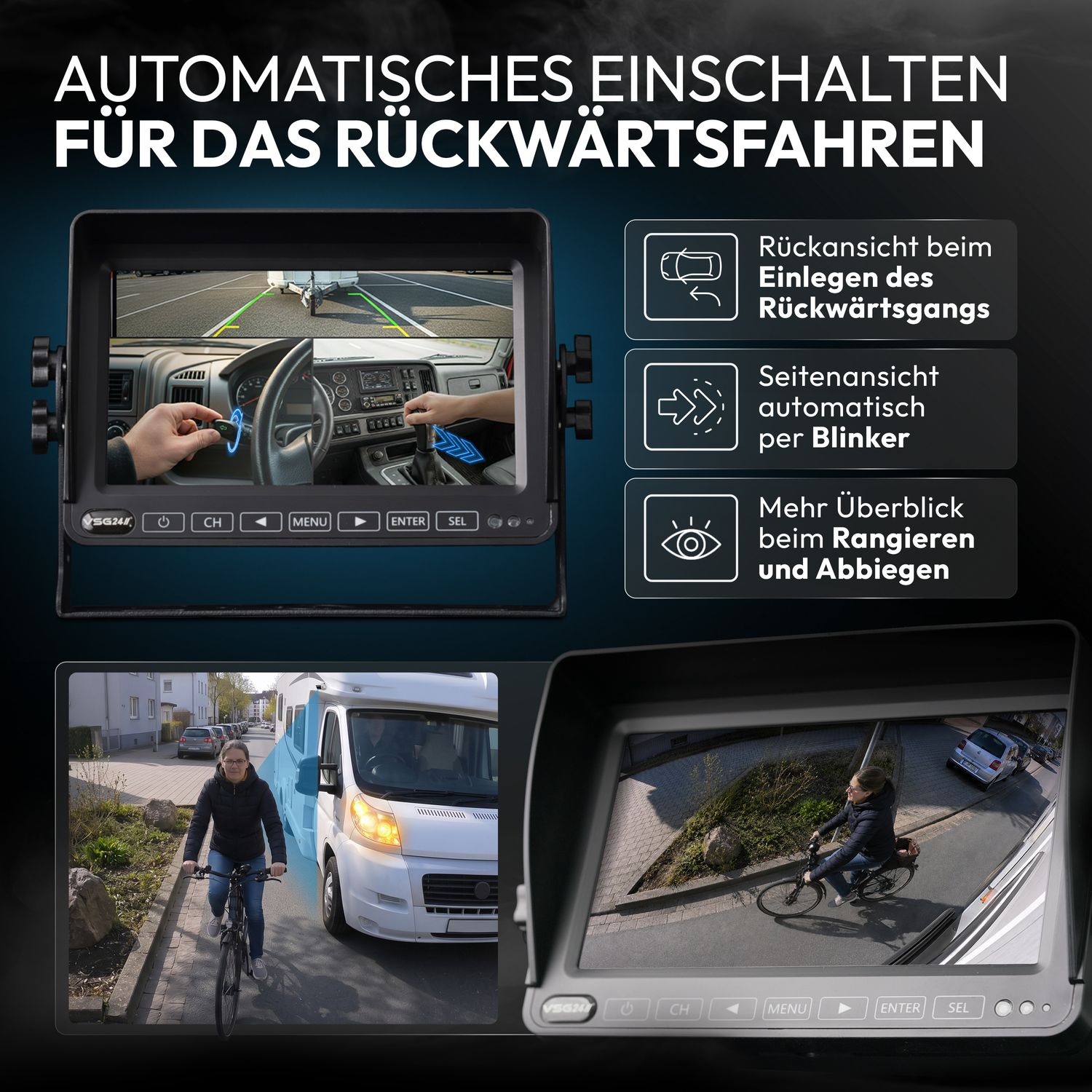 Monitor zeigt Rückfahrkamera-Ansichten, eine Frau auf Fahrrad und Wohnmobil.