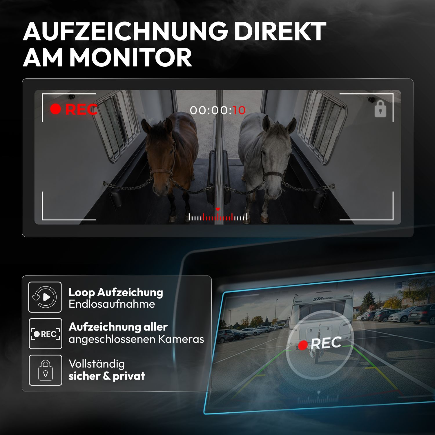 Zwei Pferde in einem Anhänger, mit Überwachungsbildschirm und Rückfahrkamera.