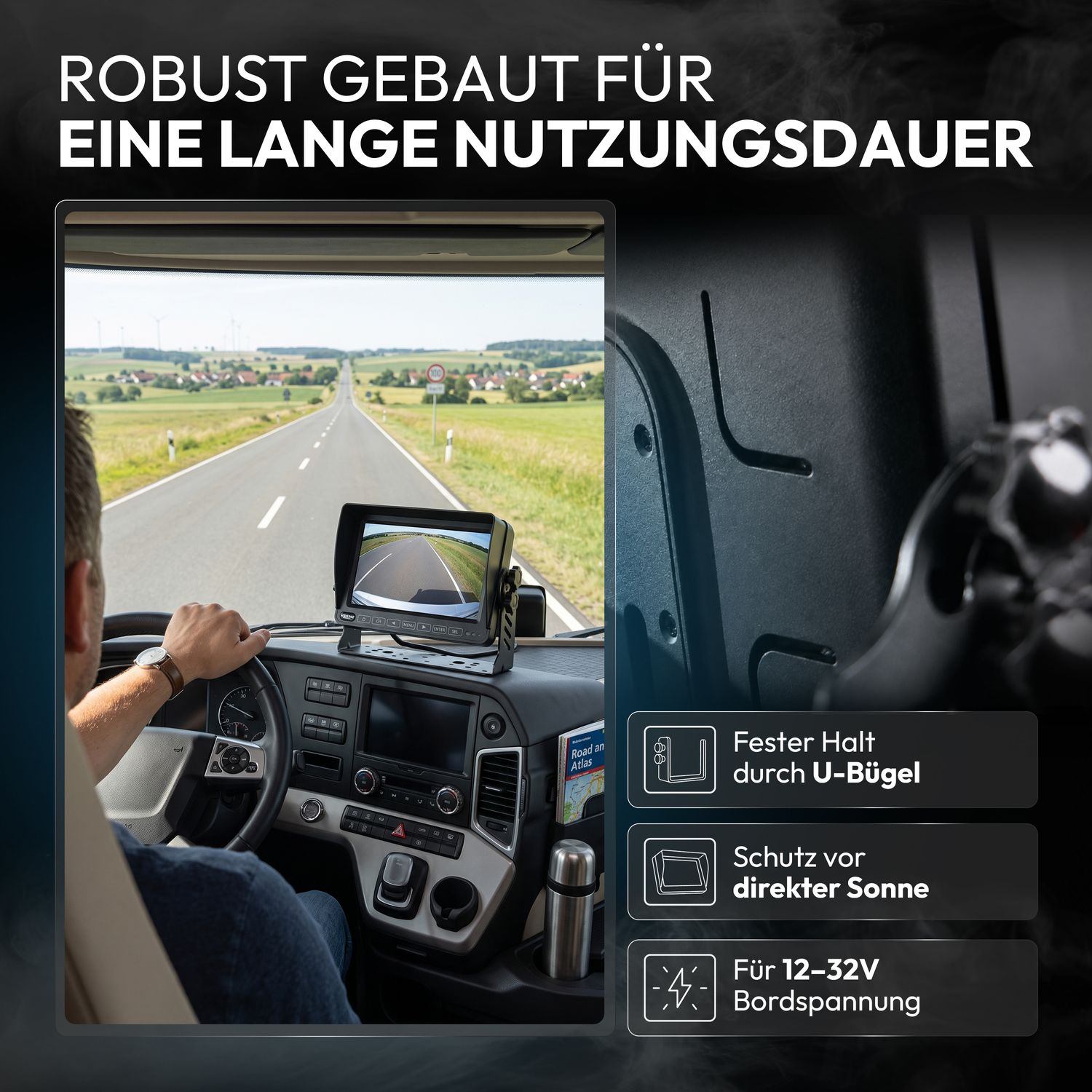 LKW-Fahrer mit Rückfahrkamera-Display und Funktionen.