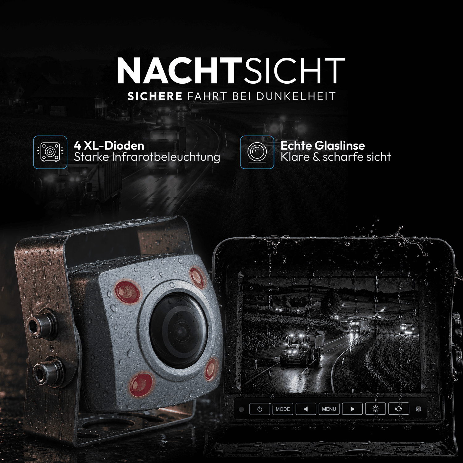 Rückfahrkamera mit Nachtsicht und Infrarot-LEDs, zeigt LKW auf nasser Straße.