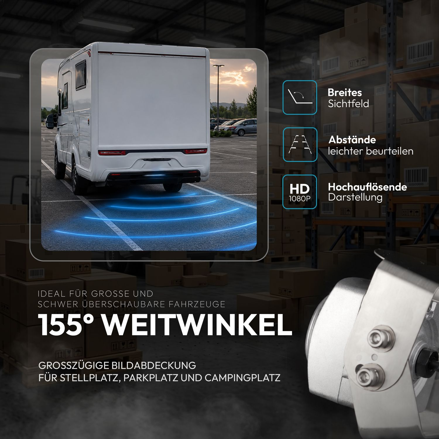Rückfahrkameraansicht eines Wohnmobils mit 155° Weitwinkel und HD-Auflösung.