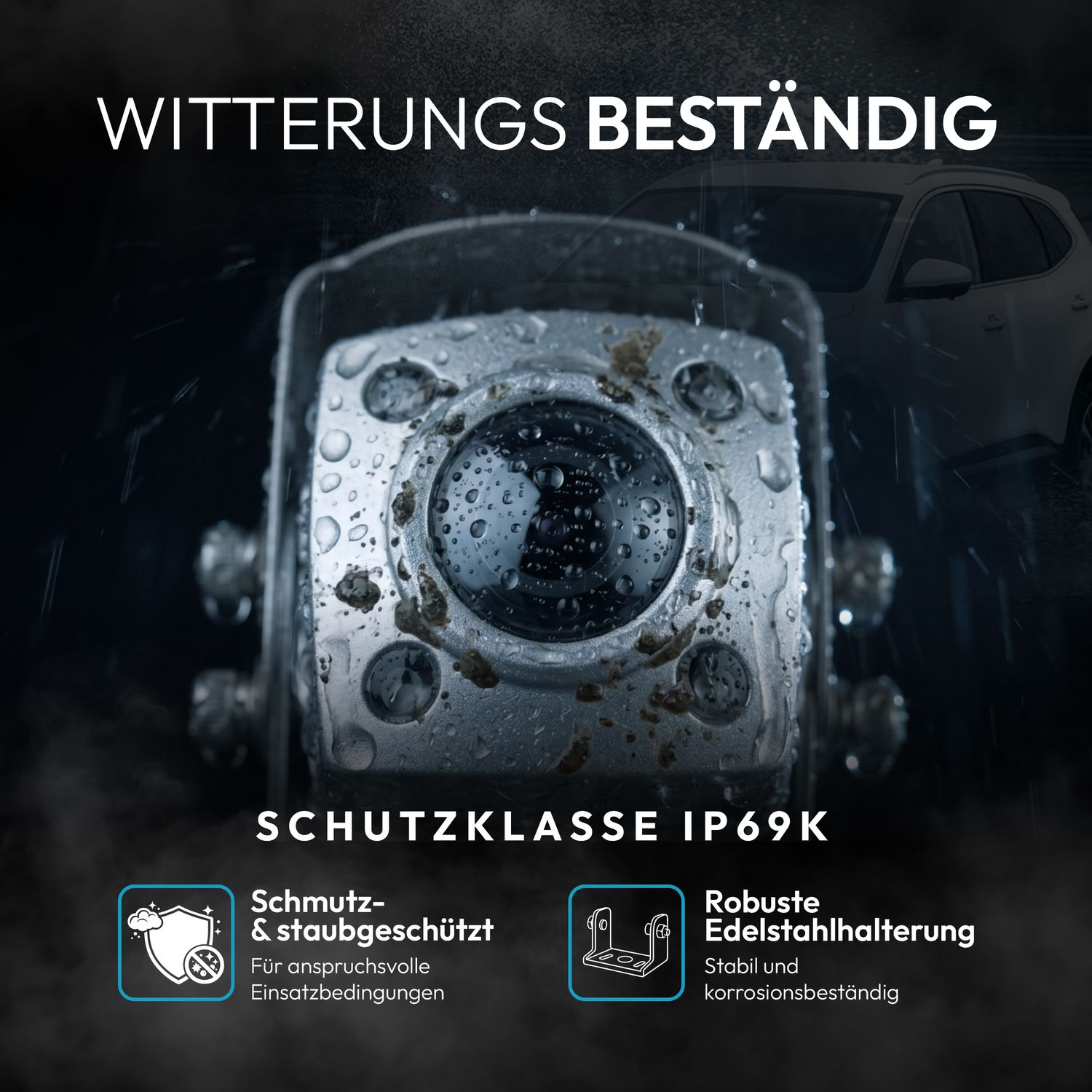 Wetterbeständige Kamera mit IP69K Schutzklasse, robust und staubgeschützt.