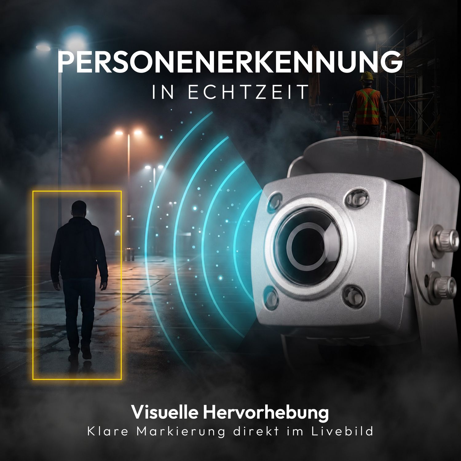 Kamera erkennt Person in gelber Box, mit blauen Wellen zur Erkennung.