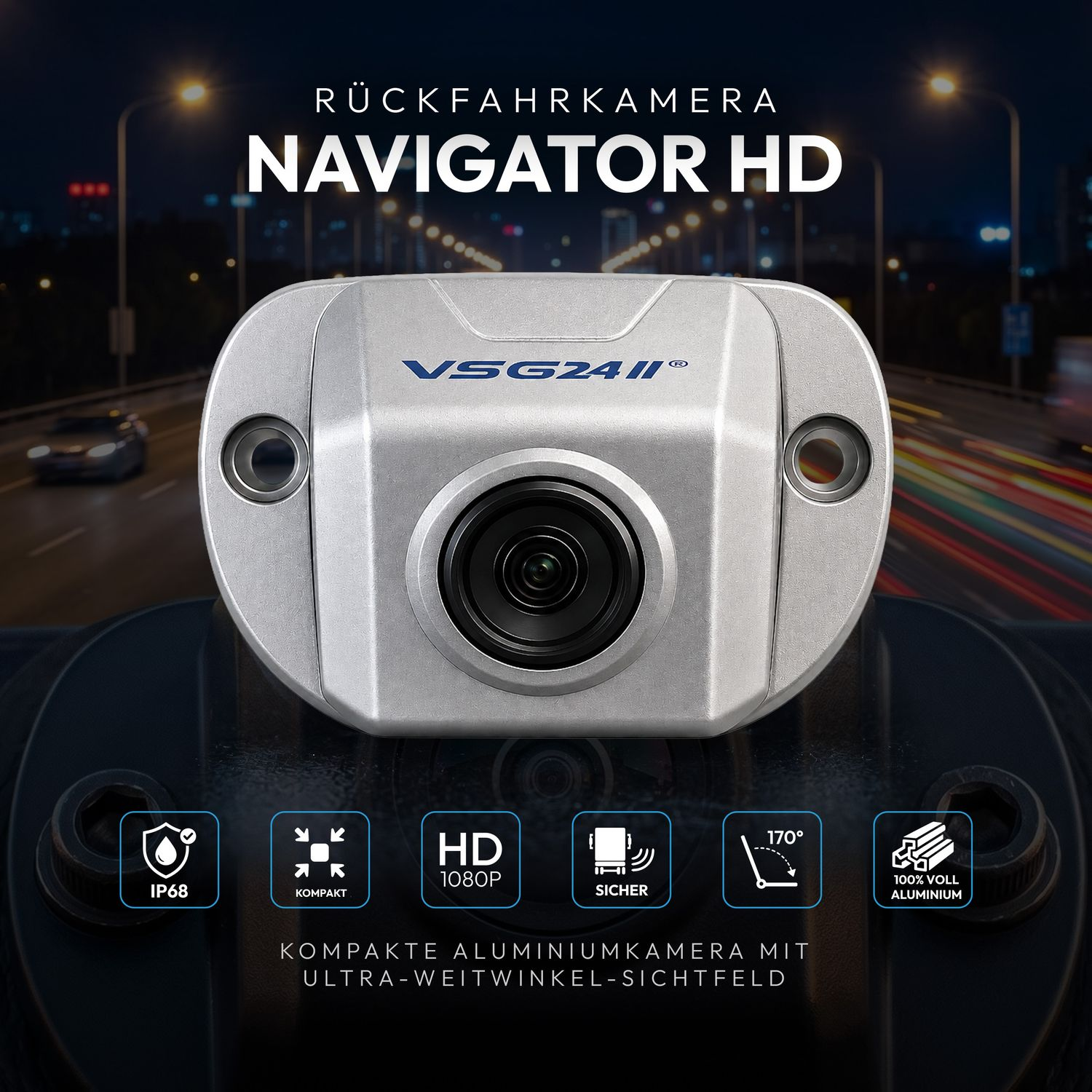 Rückfahrkamera Navigator HD mit IP68, HD 1080P, 170° Sichtfeld.
