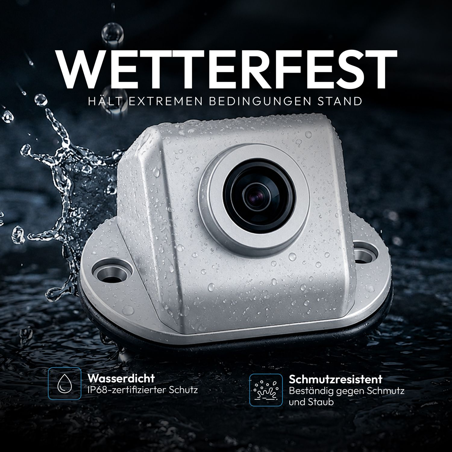 Eine wetterfeste Kamera mit Wassertropfen, die "Wetterfest" anzeigt.