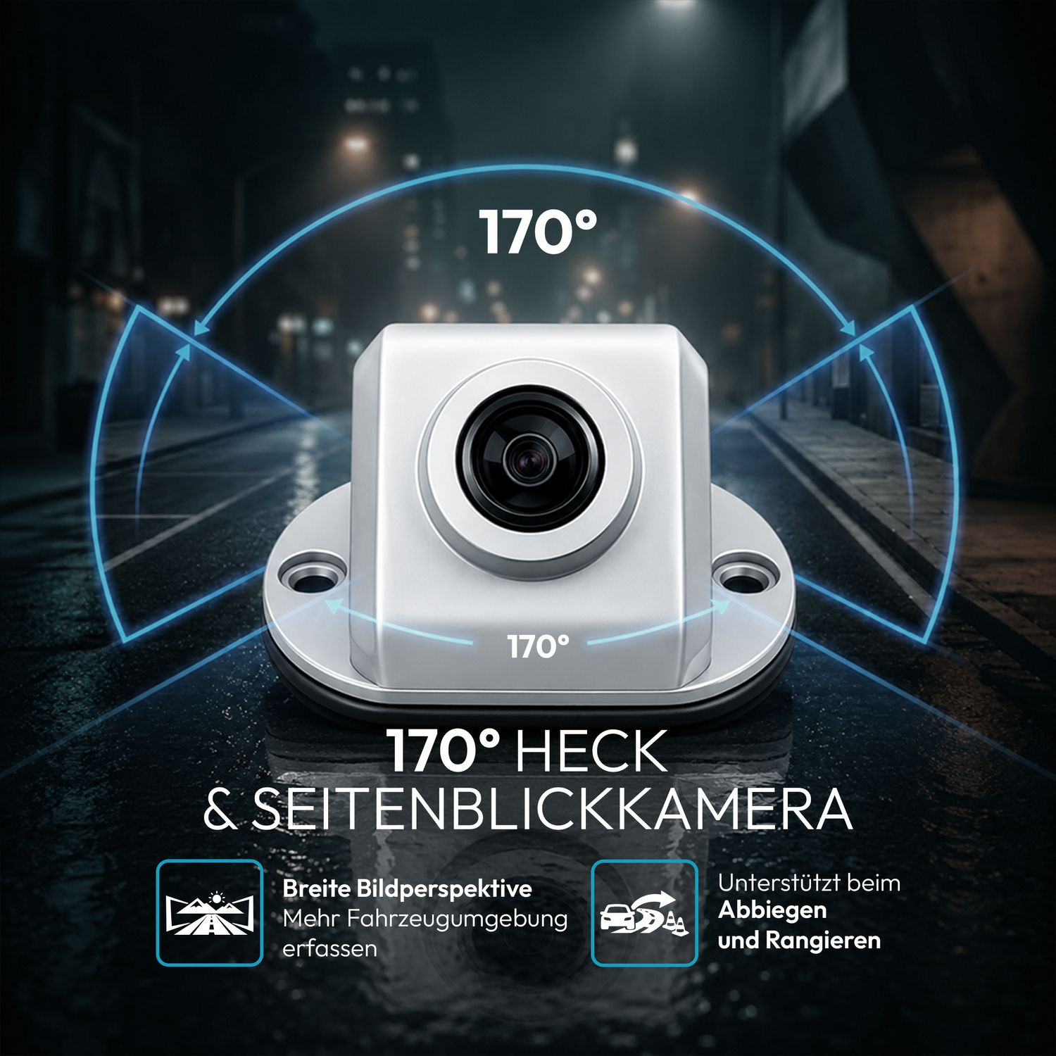 170° Heck- & Seitenblickkamera mit Weitwinkel auf nasser Straße.
