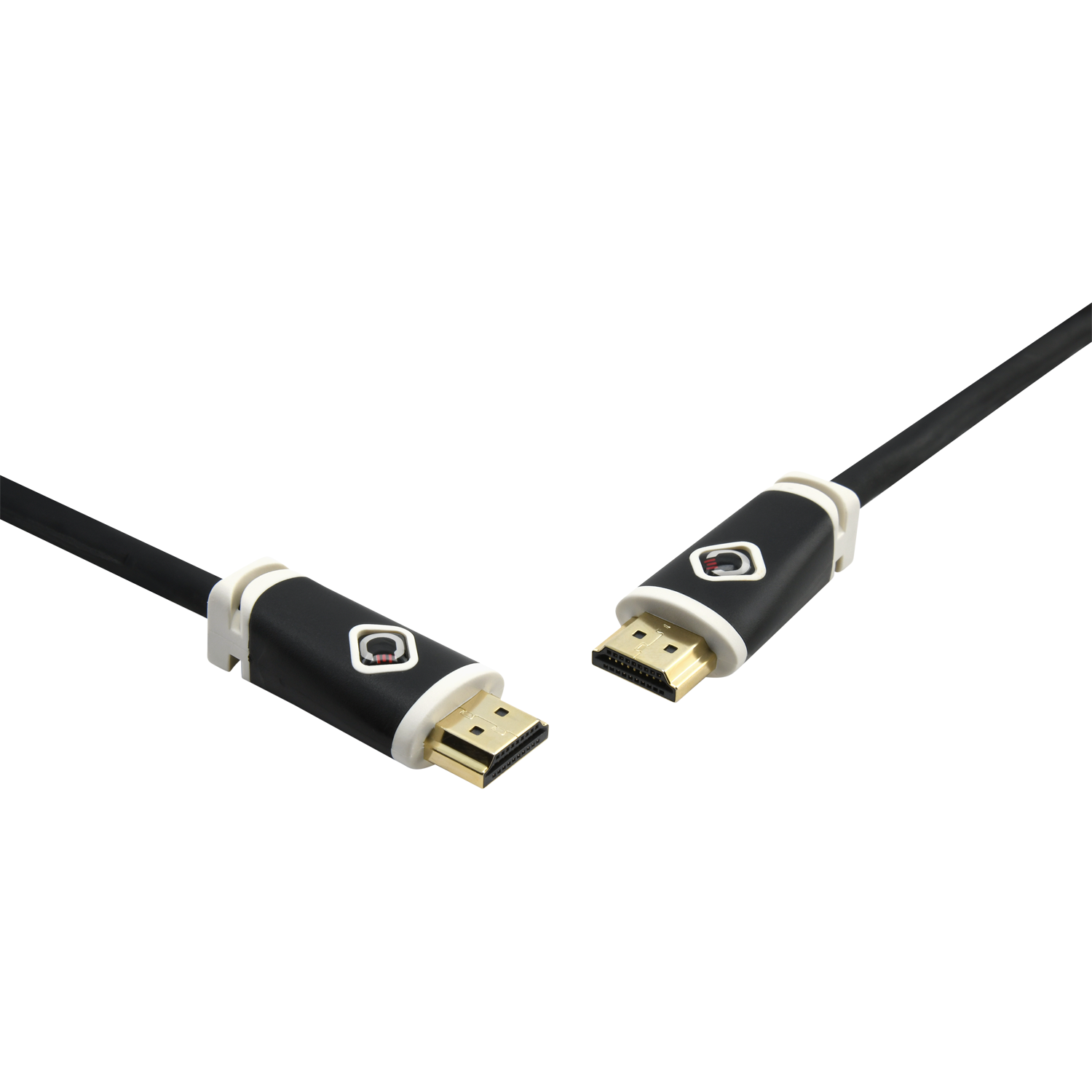 Schwarzes HDMI-Kabel mit Goldsteckern und schwarz/weißen Akzenten auf weißem Hintergrund.
