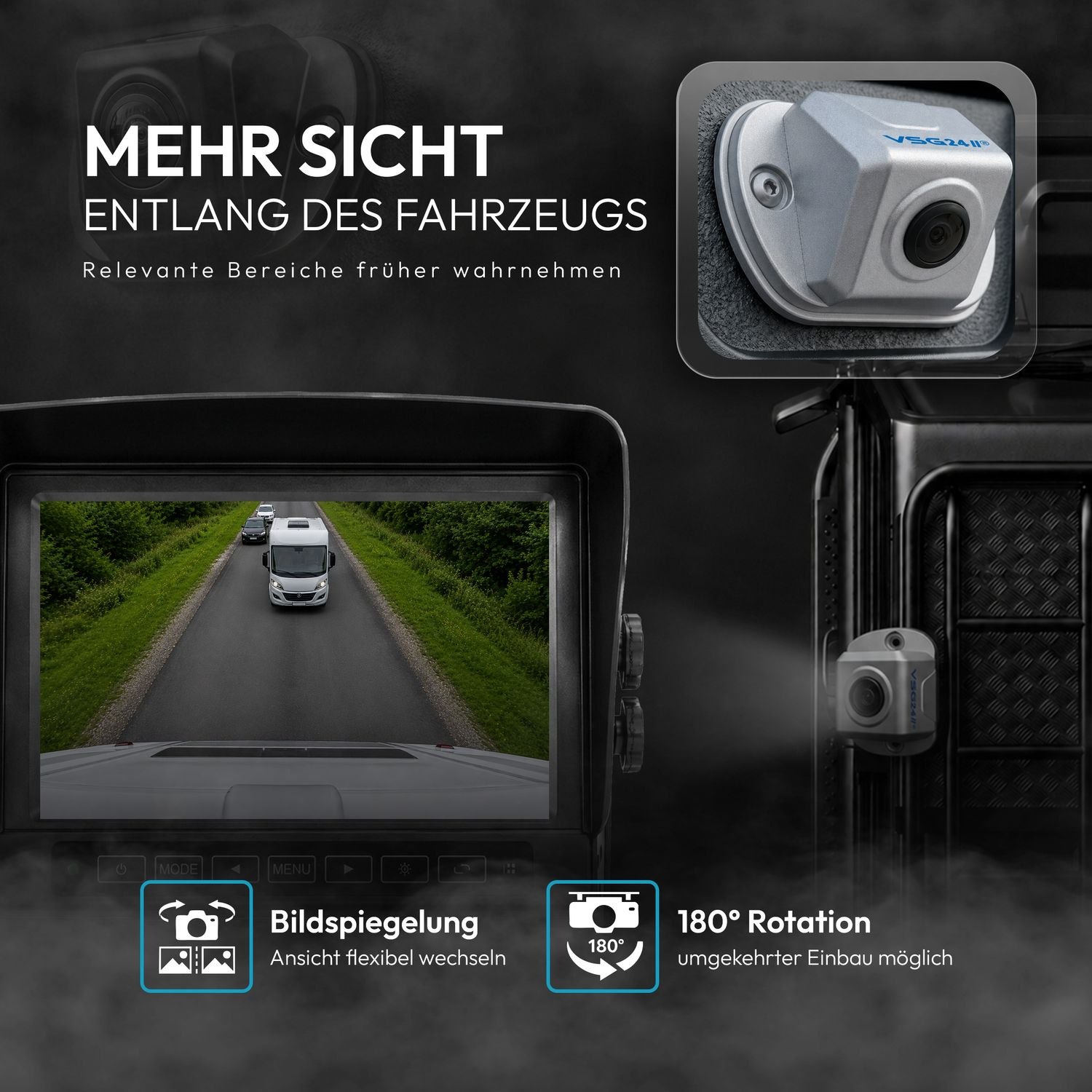 Ein Wohnmobil mit Kameras und Bildschirm. "Mehr Sicht entlang des Fahrzeugs"