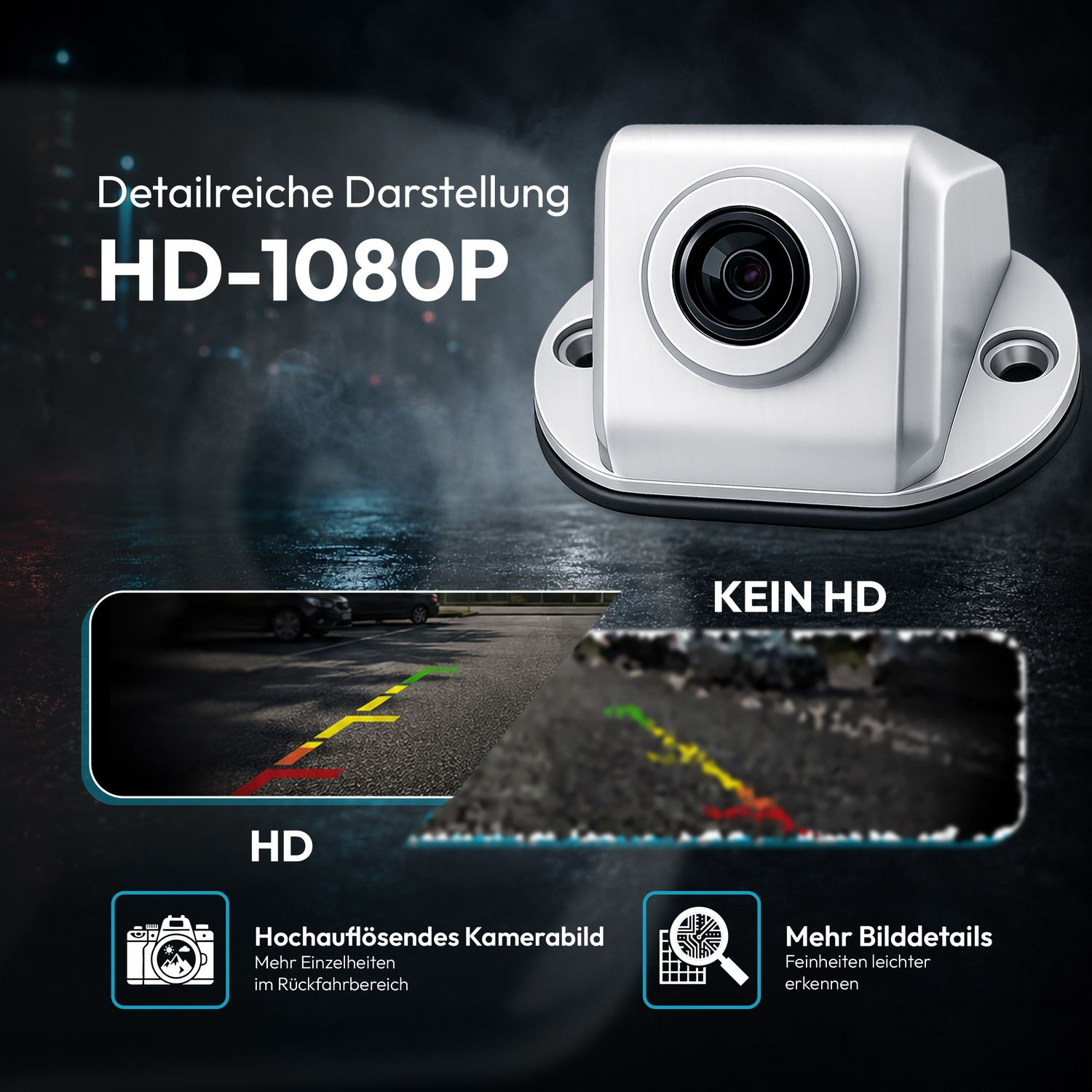 Ein weißes HD-1080P-Kameramodul mit Rückfahransicht und Vergleich.