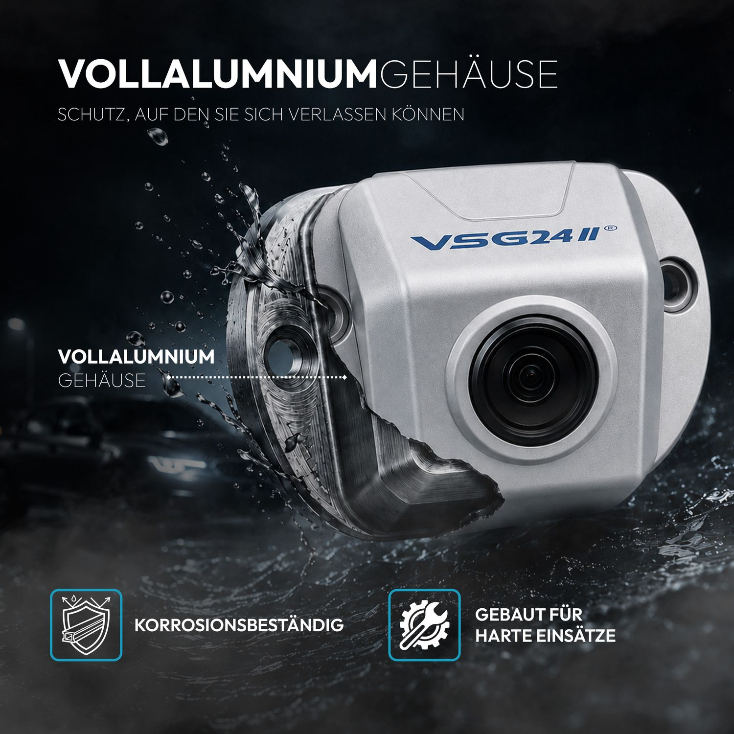 Ein silbernes Vollaluminiumgehäuse mit Linse, umgeben von Wasser. Text betont Robustheit.