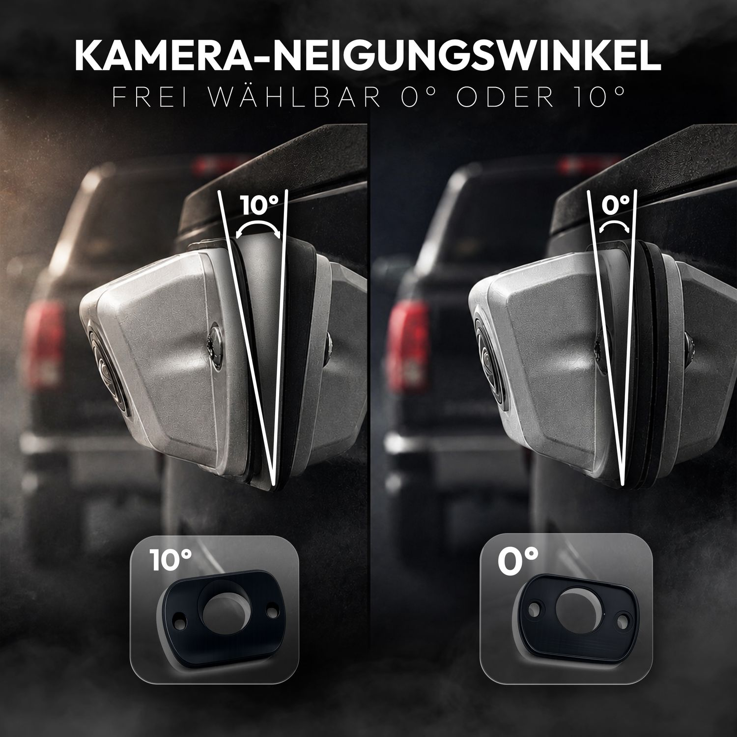 Zwei Kamerawinkel: 10° und 0°. Mit Halterungen.