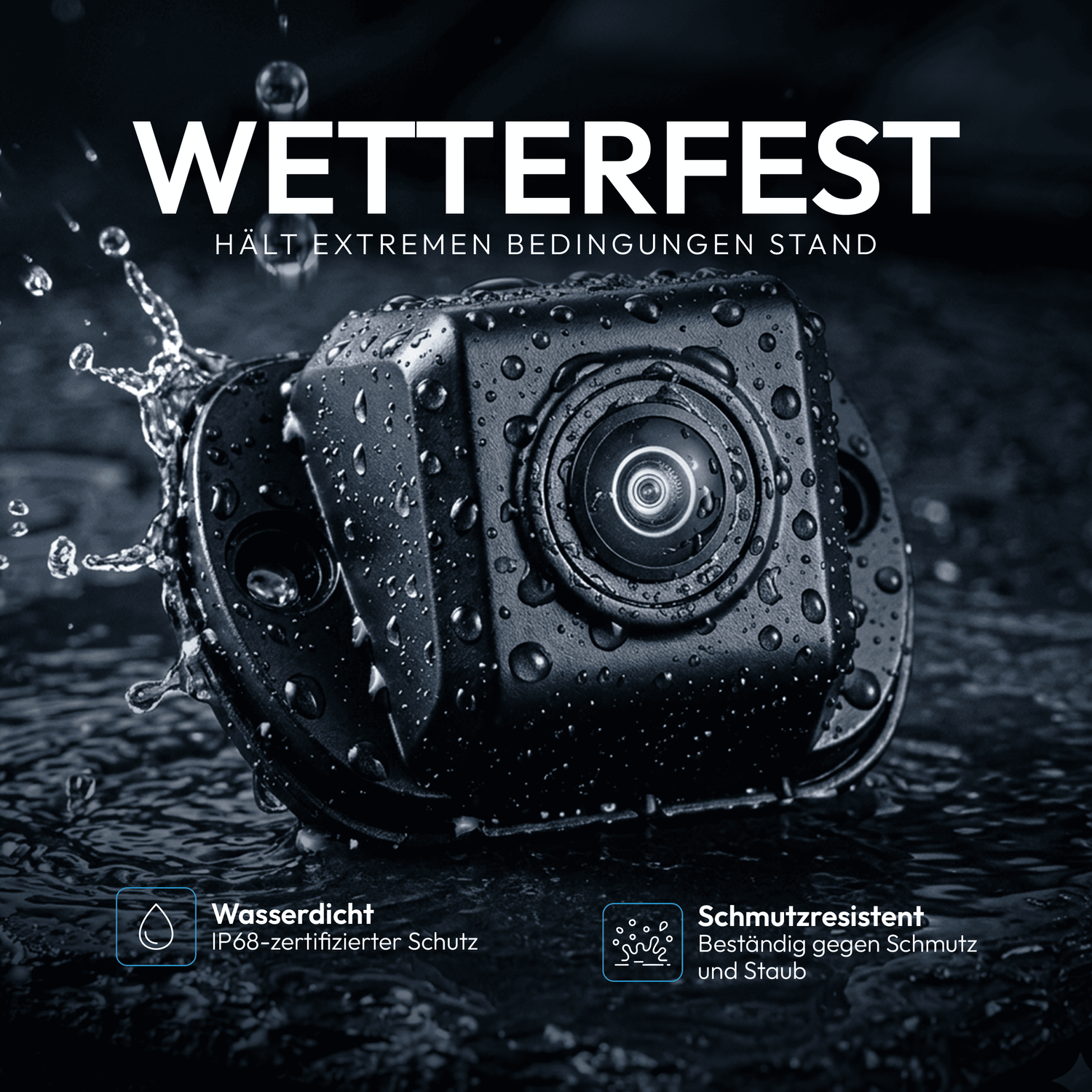Eine schwarze, wetterfeste Kamera mit Wassertropfen, die gegen extremen Bedingungen schützt.