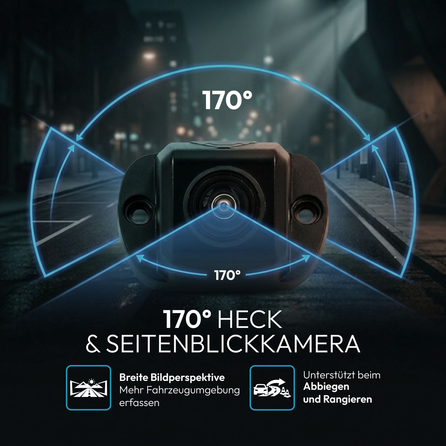 Eine Rück- und Seitenkamera mit 170° Sichtfeld auf einer nächtlichen Straße.
