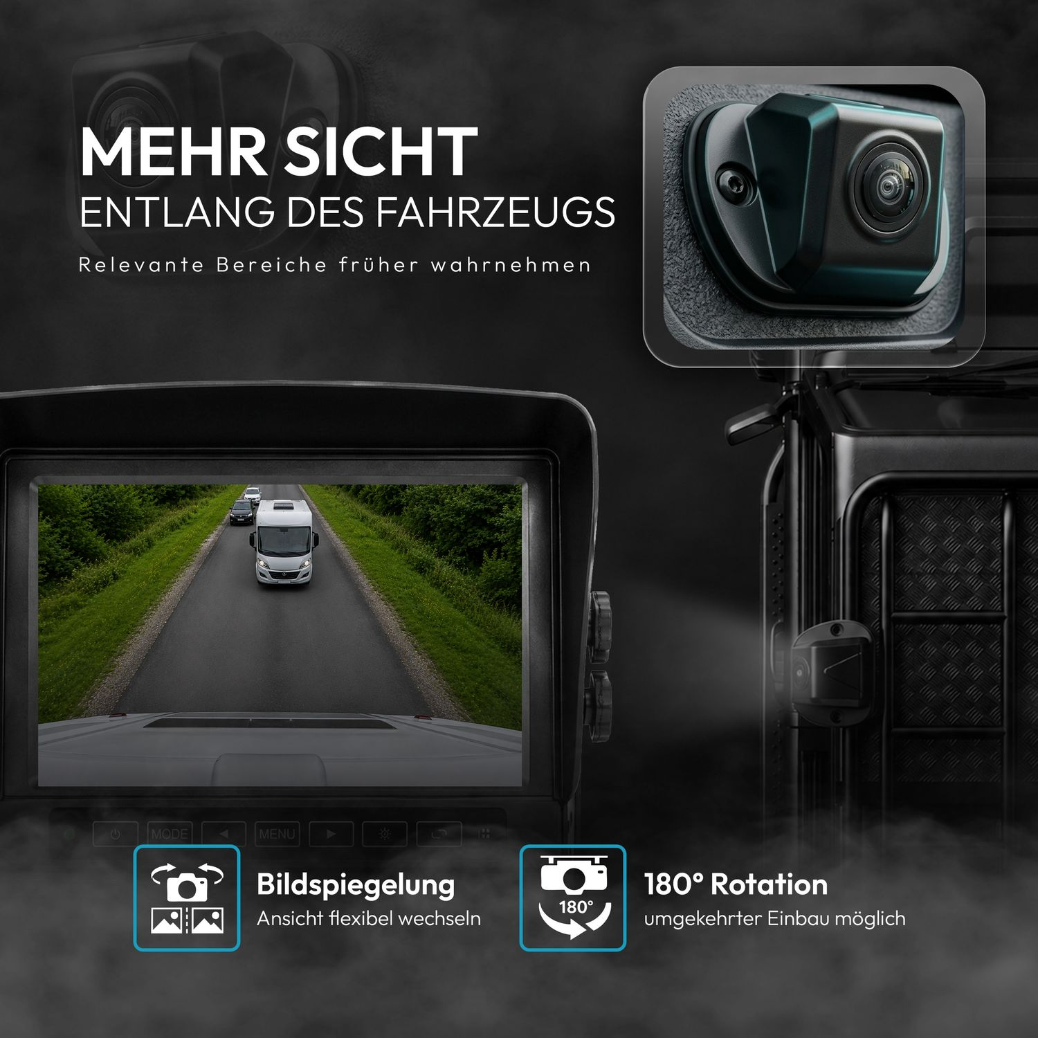 Mehr Sicht entlang des Fahrzeugs. Anzeige einer Rückfahrkamera mit 180° Rotation.