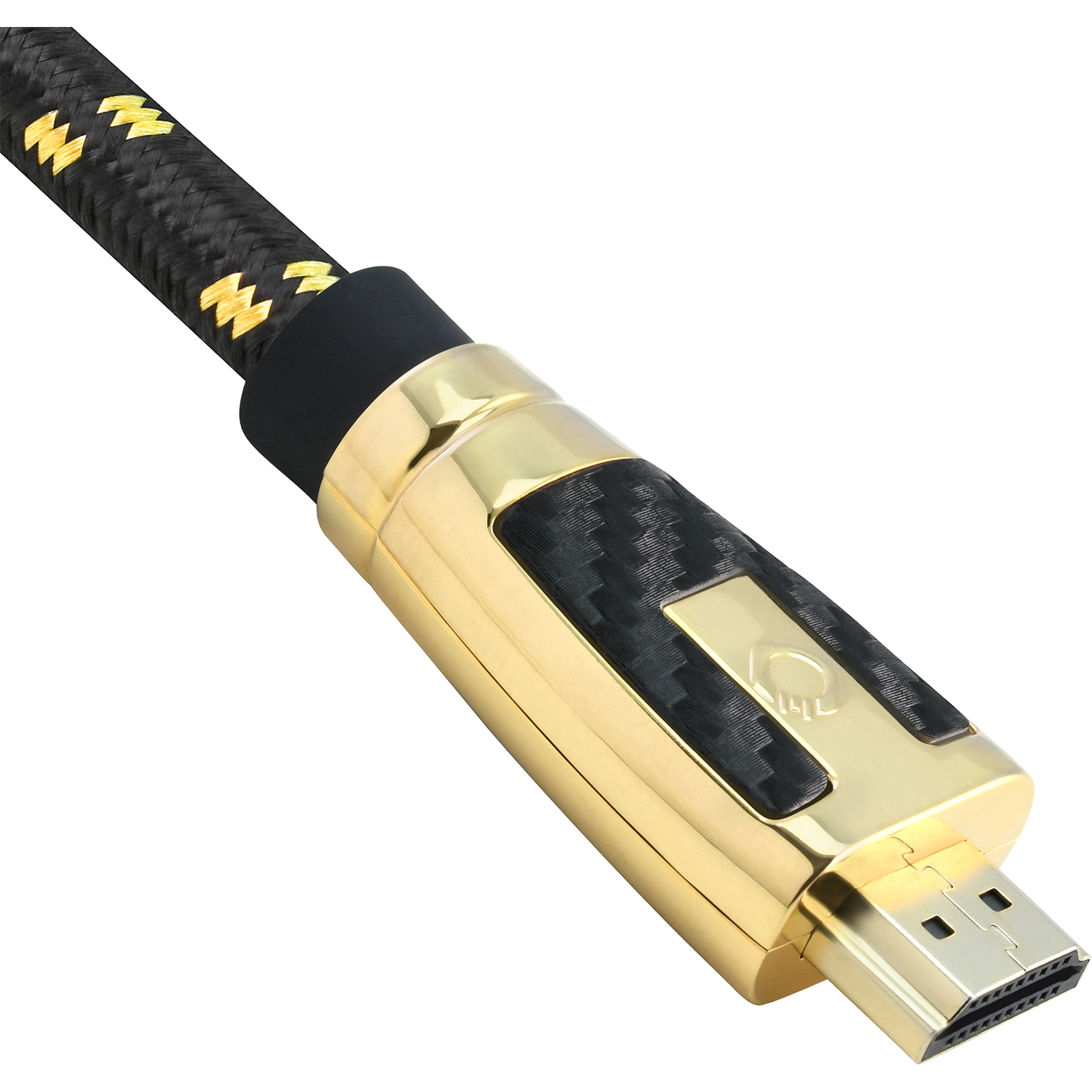Ein HDMI-Stecker mit goldenem Gehäuse und schwarzem Kabel mit goldenen Akzenten.