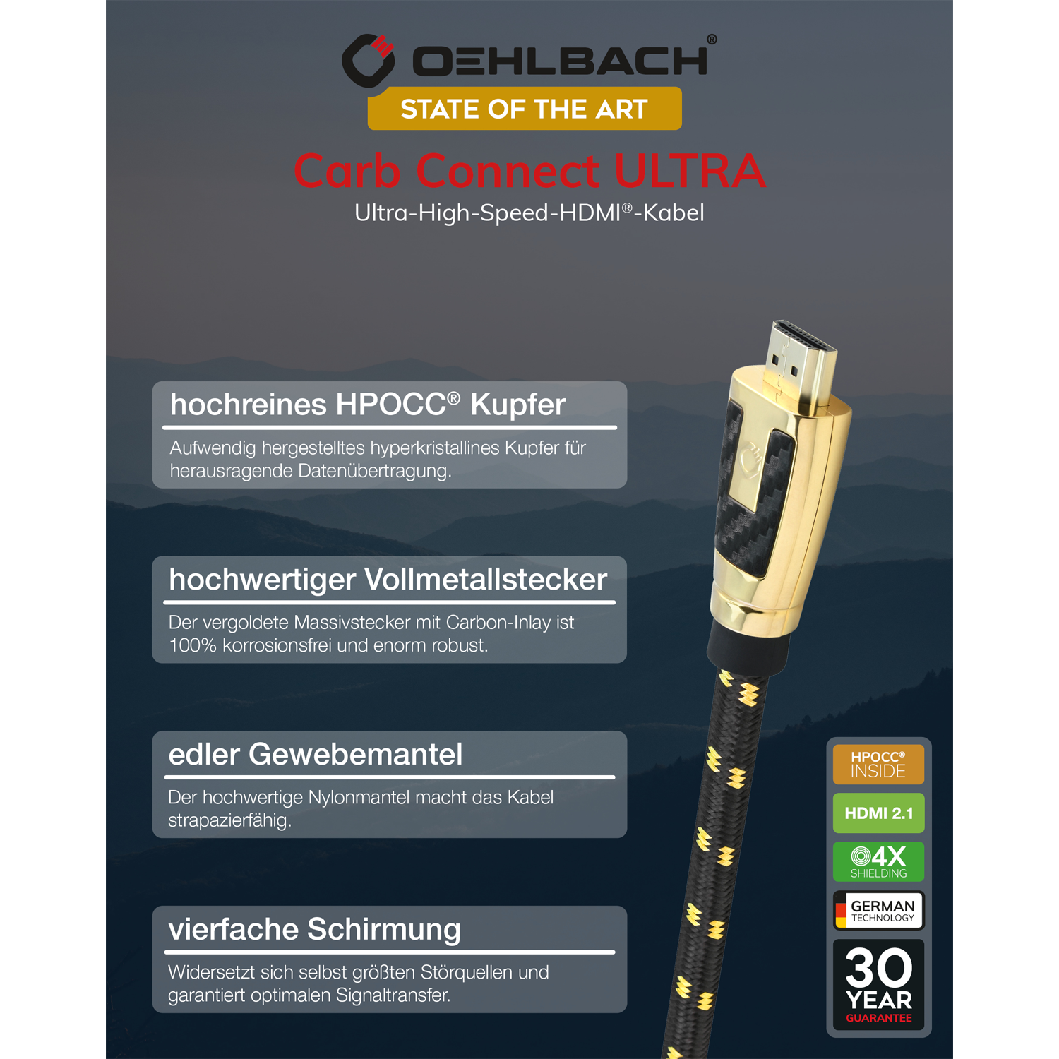 Oehlbach Carb Connect ULTRA HDMI-Kabel mit goldenem Stecker und schwarzem Gewebe.