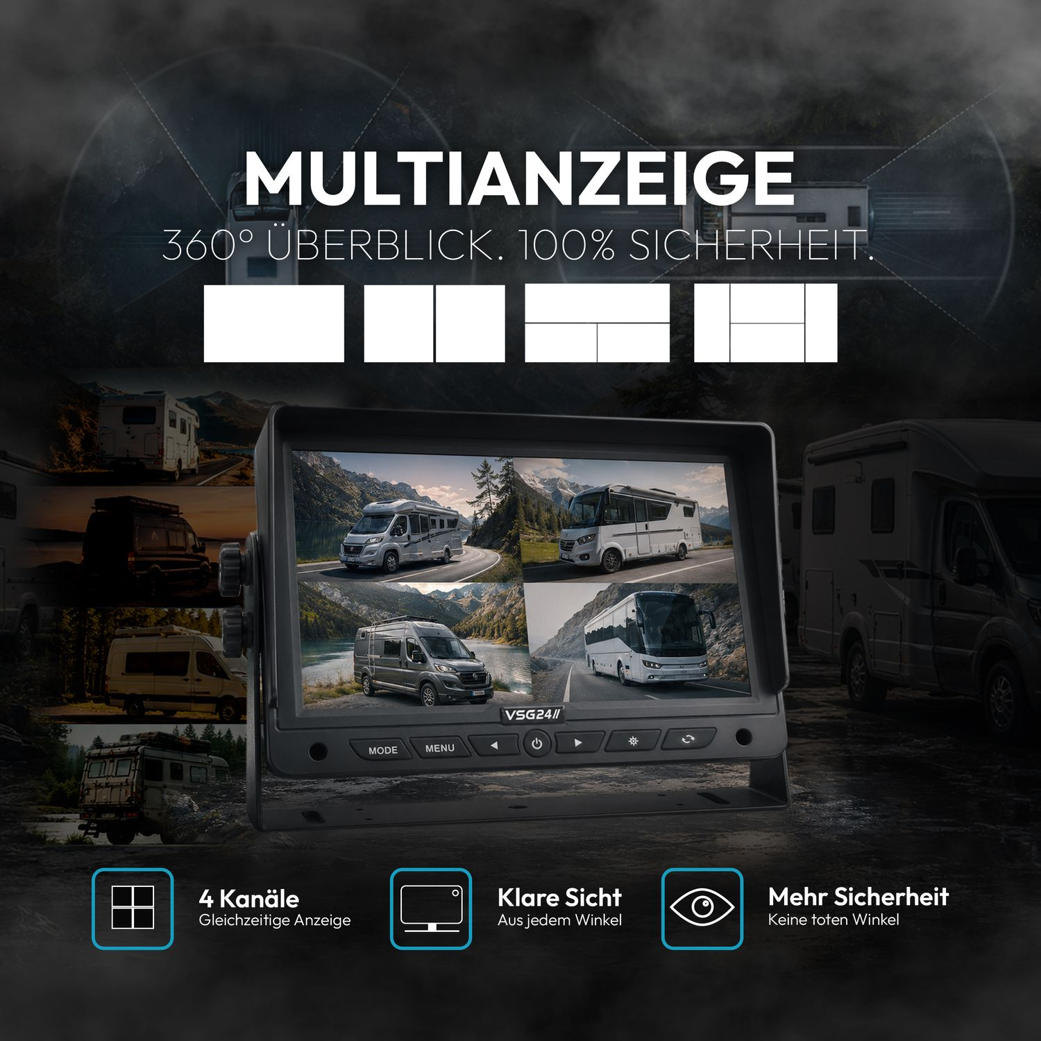 Multifunktionsanzeige mit Wohnmobilen und Bussen, 4 Kanäle, klare Sicht.