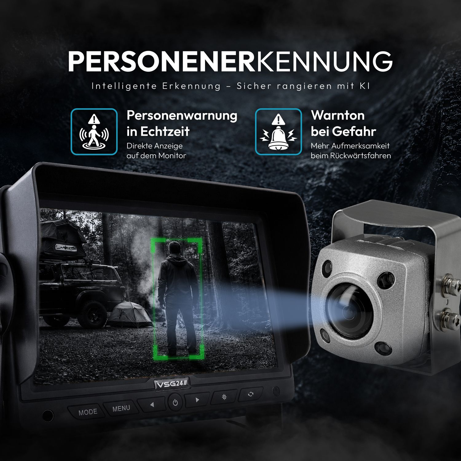Monitor zeigt Personenerkennung mit grüner Markierung, daneben Rückfahrkamera.