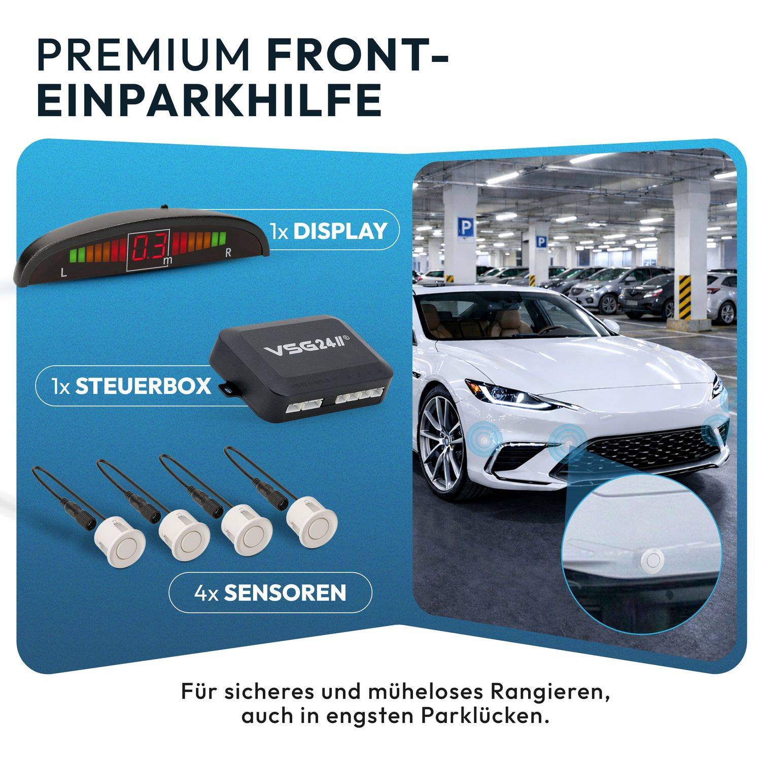 Parkassistenzset: Display, Steuerbox, 4 weiße Sensoren für Vorderseite.