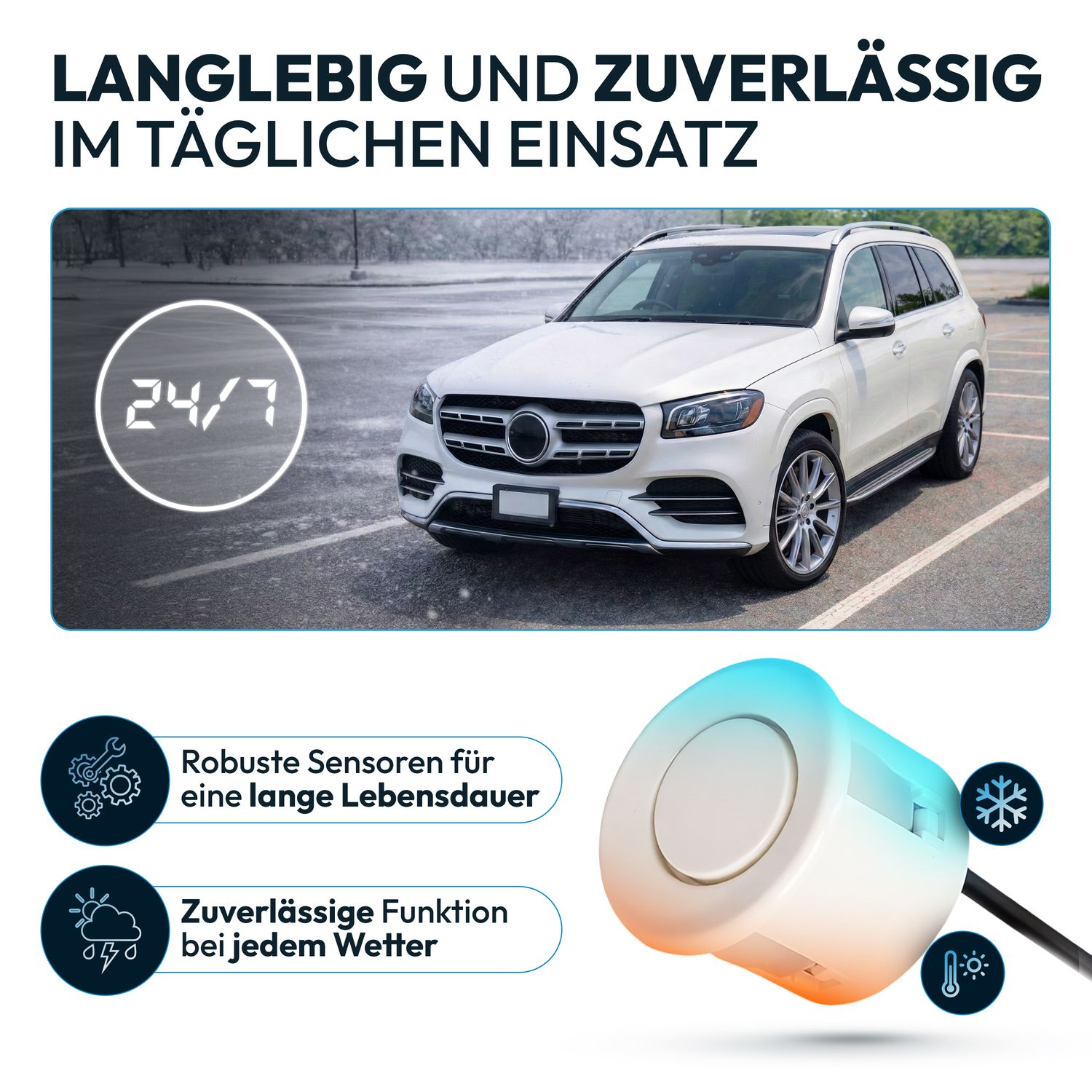 Weißes SUV in Parkplatz bei Schneefall, mit Sensor und Icons.