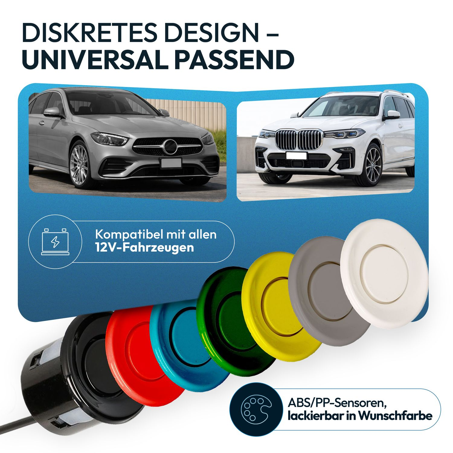 Silberne Limousine und weißer SUV neben bunten Sensoren.