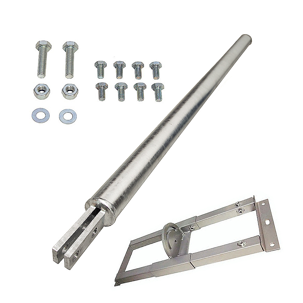 Ein langer Metallstab, Beschläge und Schrauben auf weißem Hintergrund.