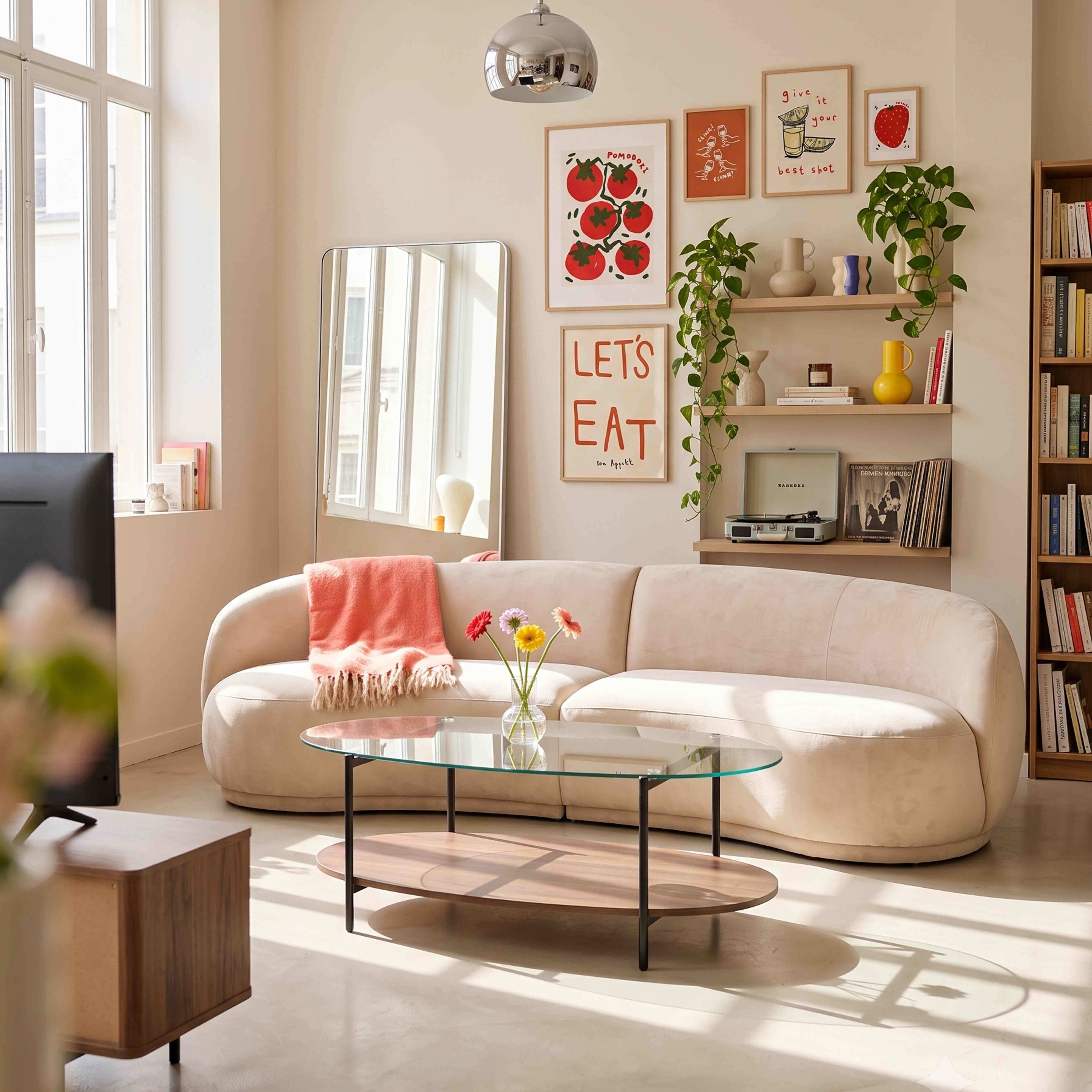 Ein helles Wohnzimmer mit einem beigen Sofa, einem Glastisch und Kunst an der Wand.