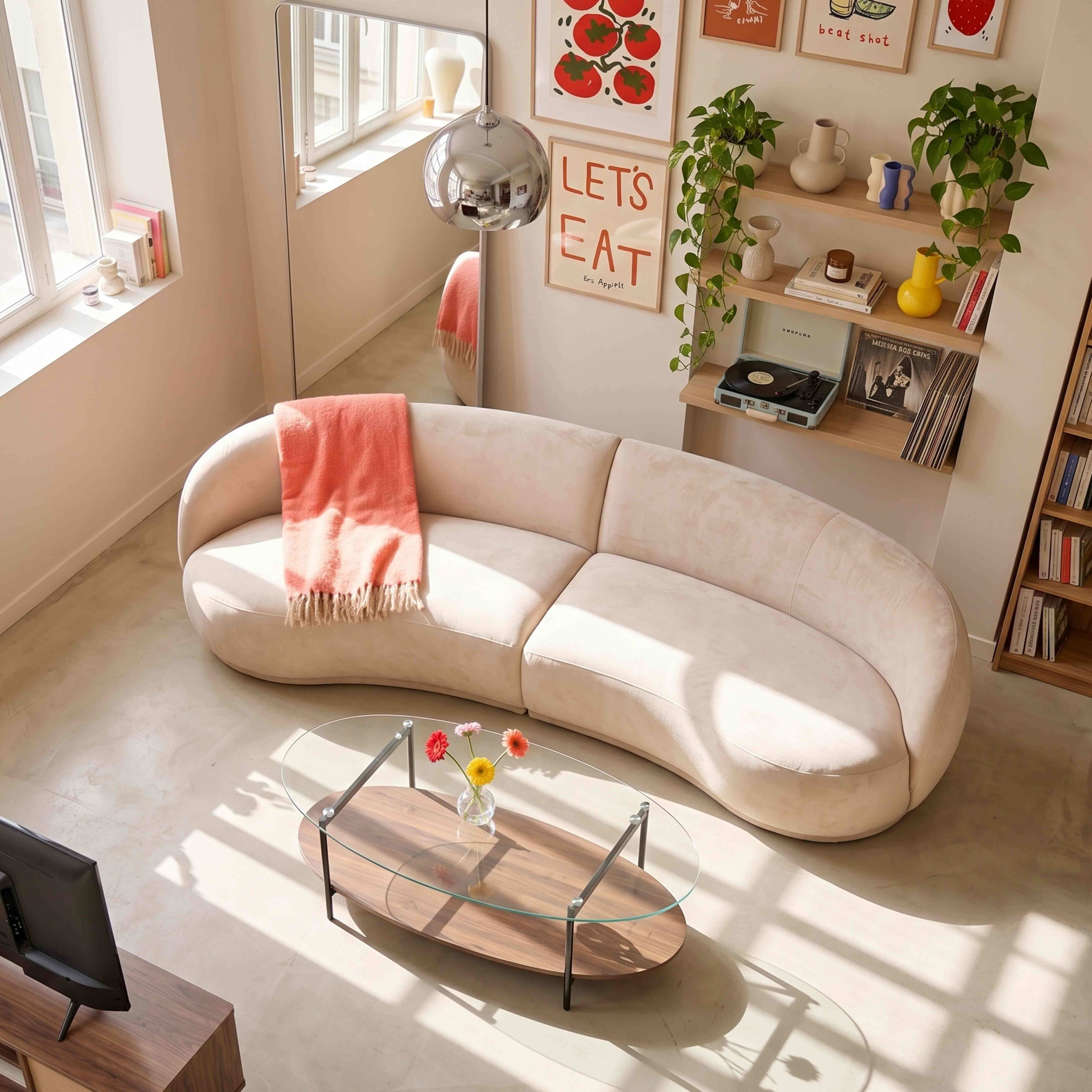 Ein helles Wohnzimmer mit einem cremefarbenen Sofa, Couchtisch, Fernseher und Regal.