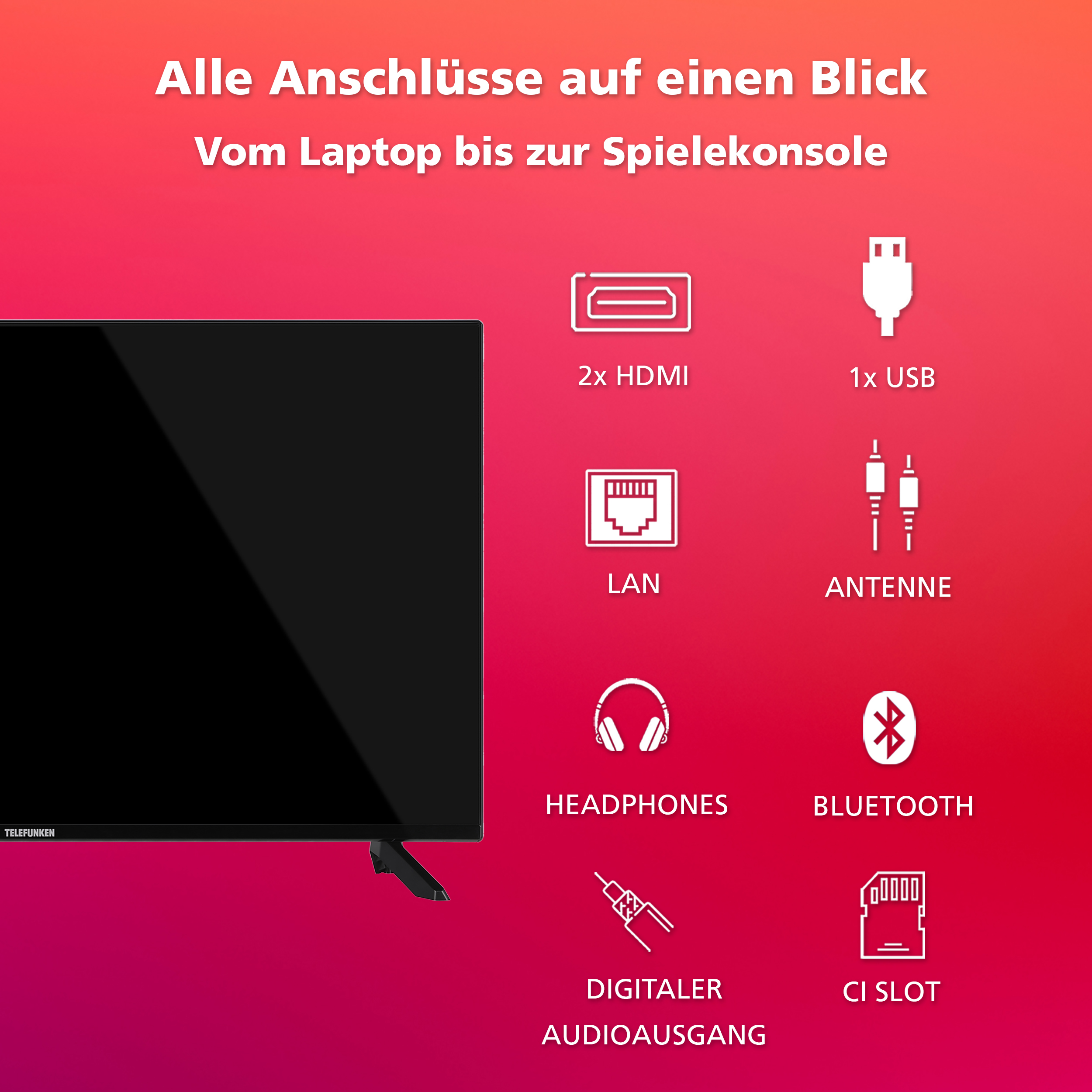 Ein Fernseher mit Anschlüssen wie HDMI, USB, LAN, Kopfhörer, Bluetooth, Antenne.