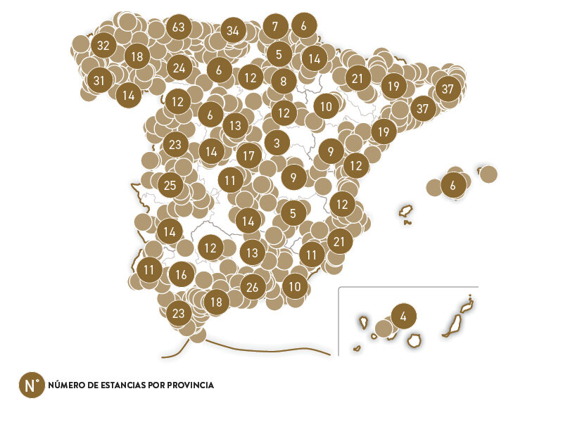 Mapa de España con círculos que representan números de provincias.