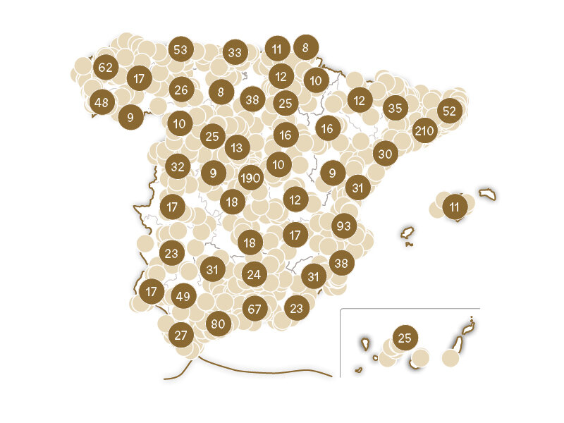Mapa de España con círculos que contienen números.