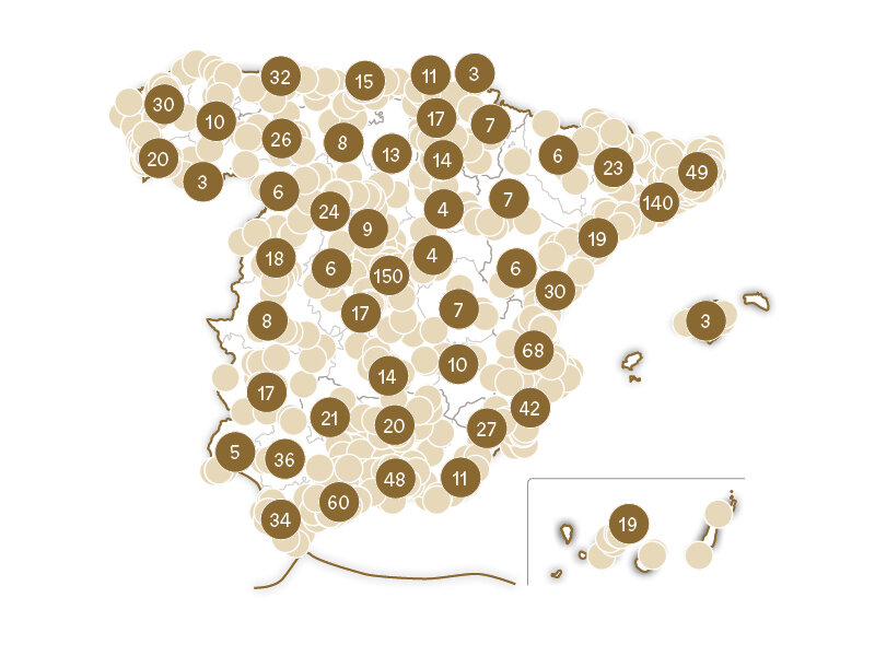 Mapa de España con círculos que contienen números.