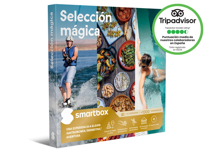 Caja regalo Smartbox con wakeboarder, comida, escena de piscina. Valoración TripAdvisor.