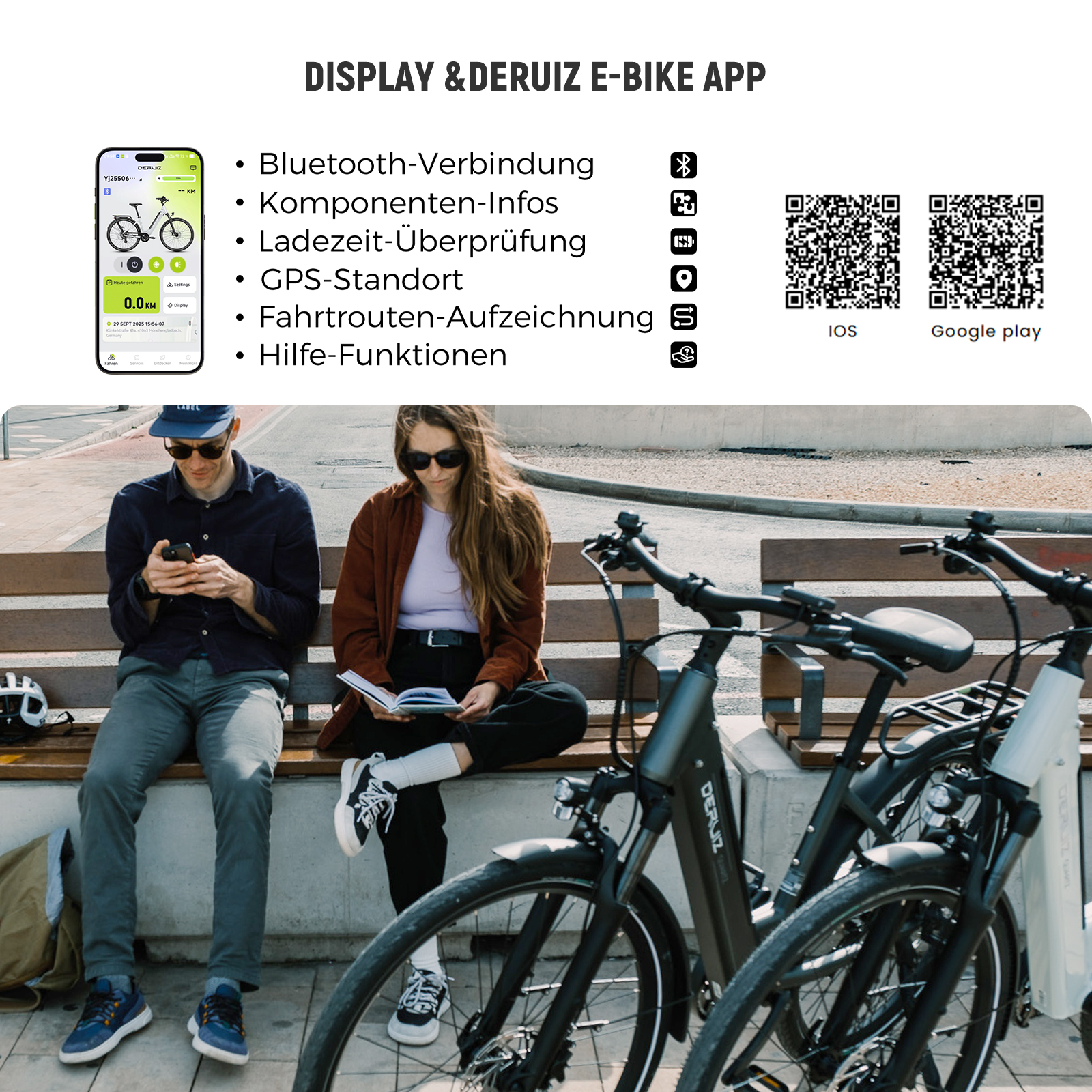 App-Features mit QR-Codes und Paar, das auf einer Bank sitzt.