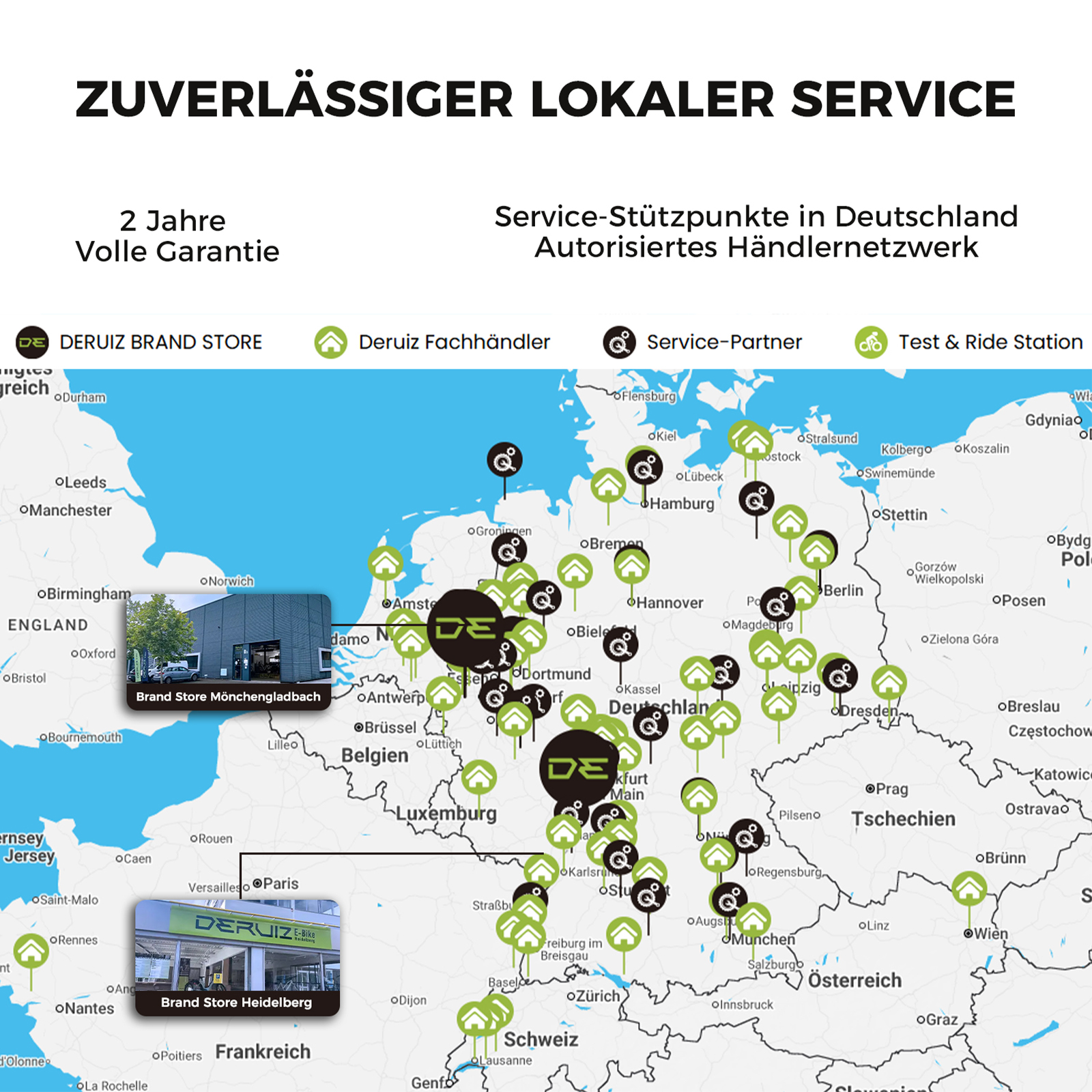 Karte von Europa mit Markierungen für Deruiz Geschäfte, Servicepartner und Teststationen.