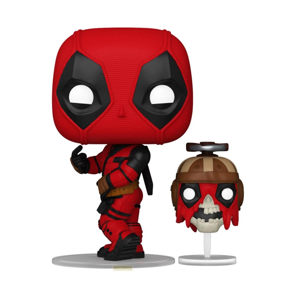 Action figure di Deadpool e una testa staccabile su piedistalli bianchi.