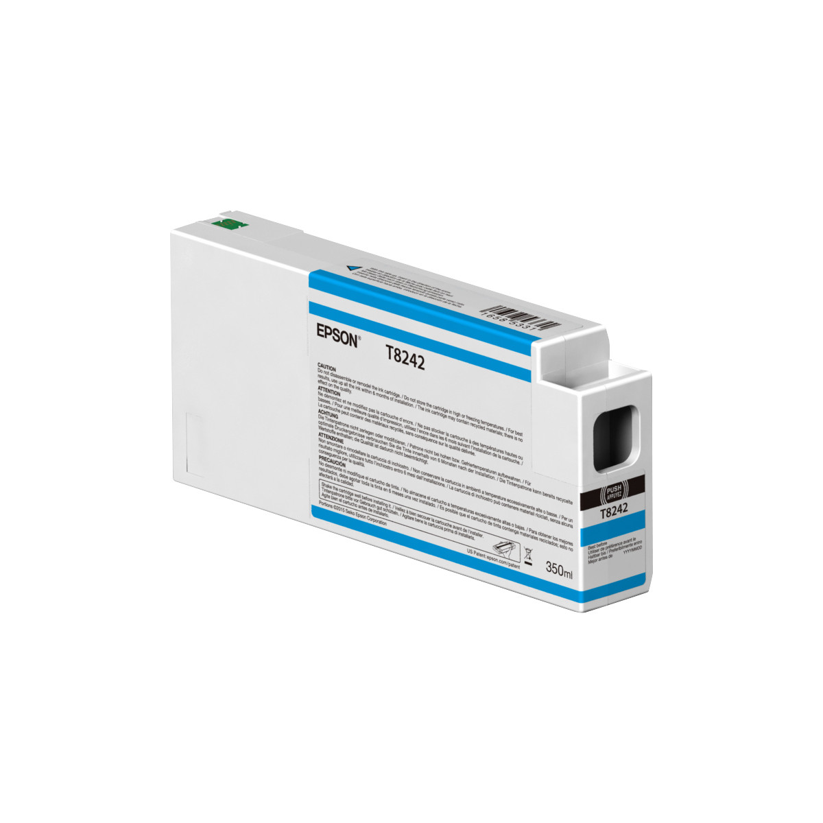 Cartucho de tinta Epson T8242, 350ml. Primer plano mostrando texto en inglés y otros idiomas.